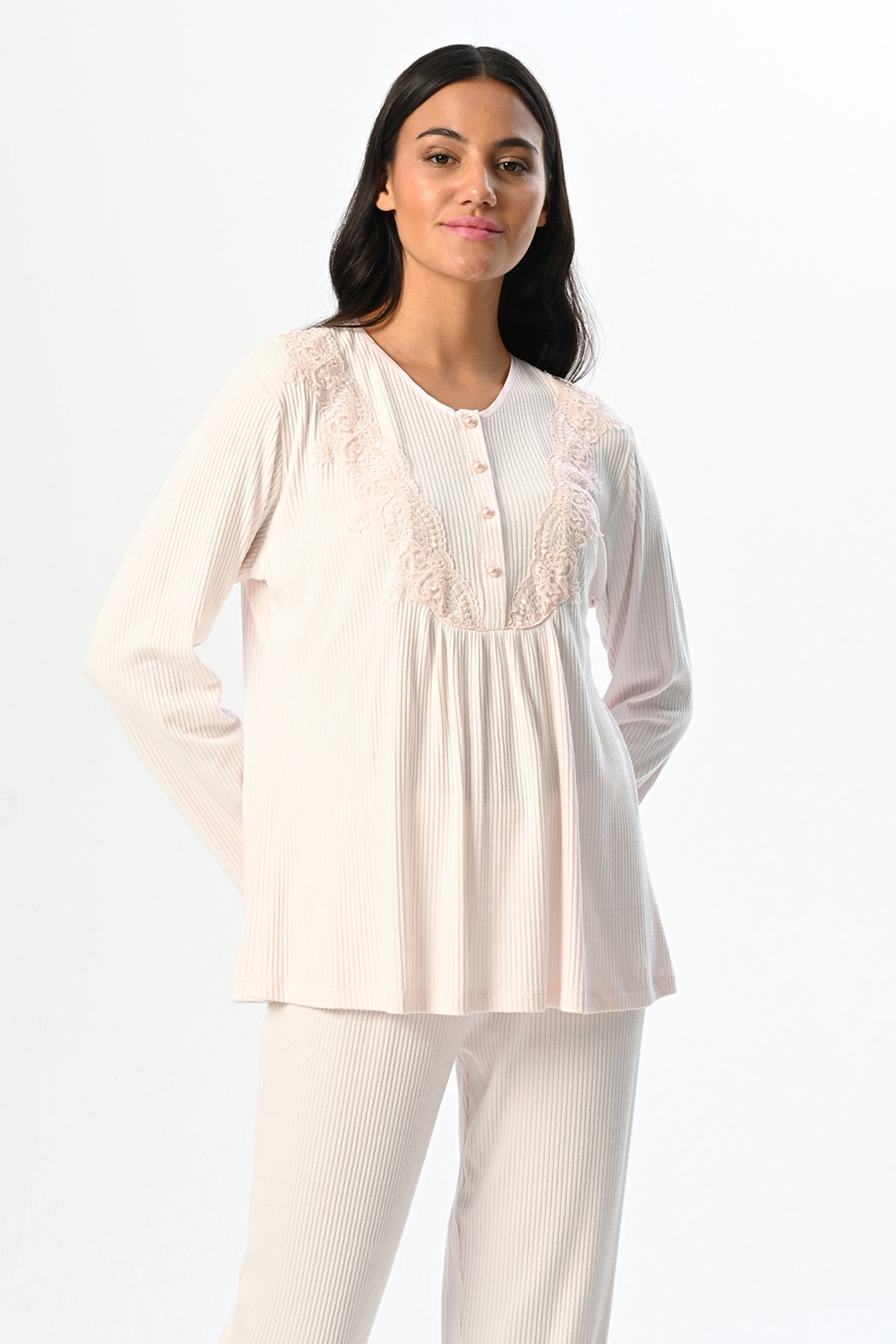 Ribbed Lace Collar 3-Piece Maternity-Nursing Pajama & Robe Set - 24356