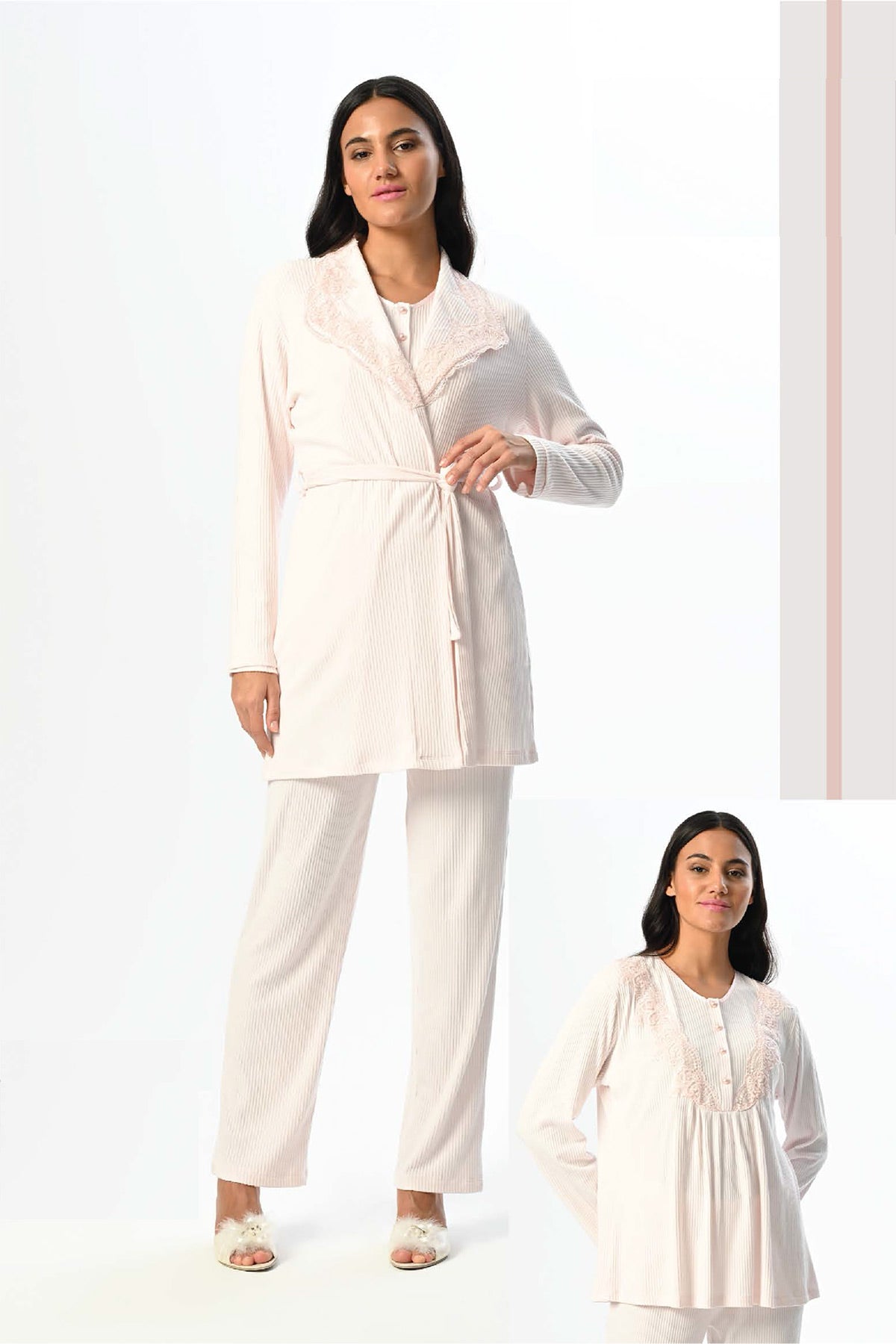 Ribbed Lace Collar 3-Piece Maternity-Nursing Pajama & Robe Set - 24356