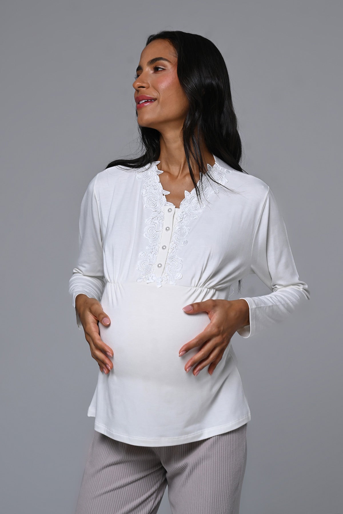 Flowery Lace Collar 3-Piece Maternity-Nursing Pajama & Robe Set Ecru - 24357