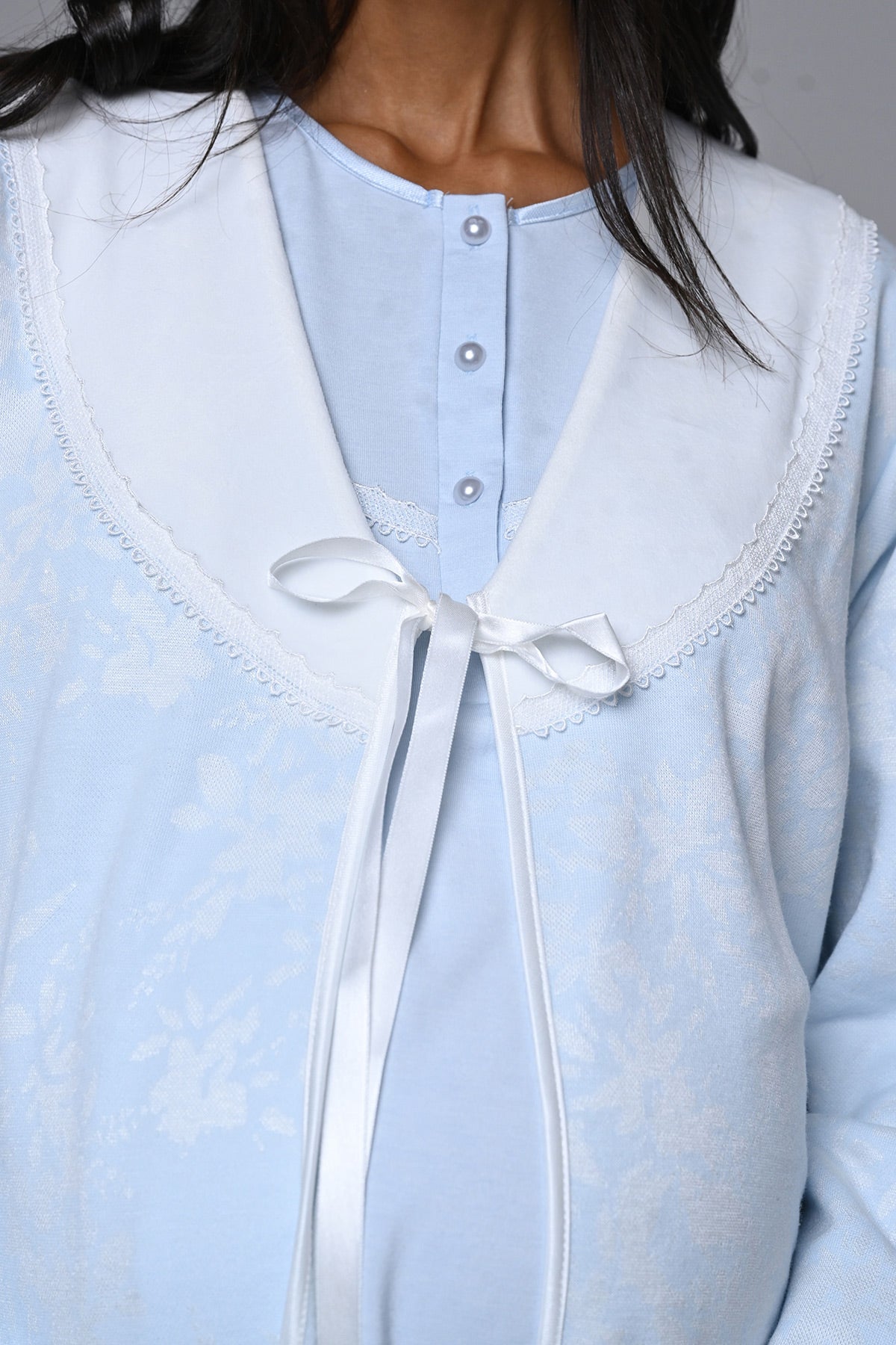 Guipure Collar 3-Piece Maternity-Nursing Pajama & Jacquard Robe Set Blue - 24358