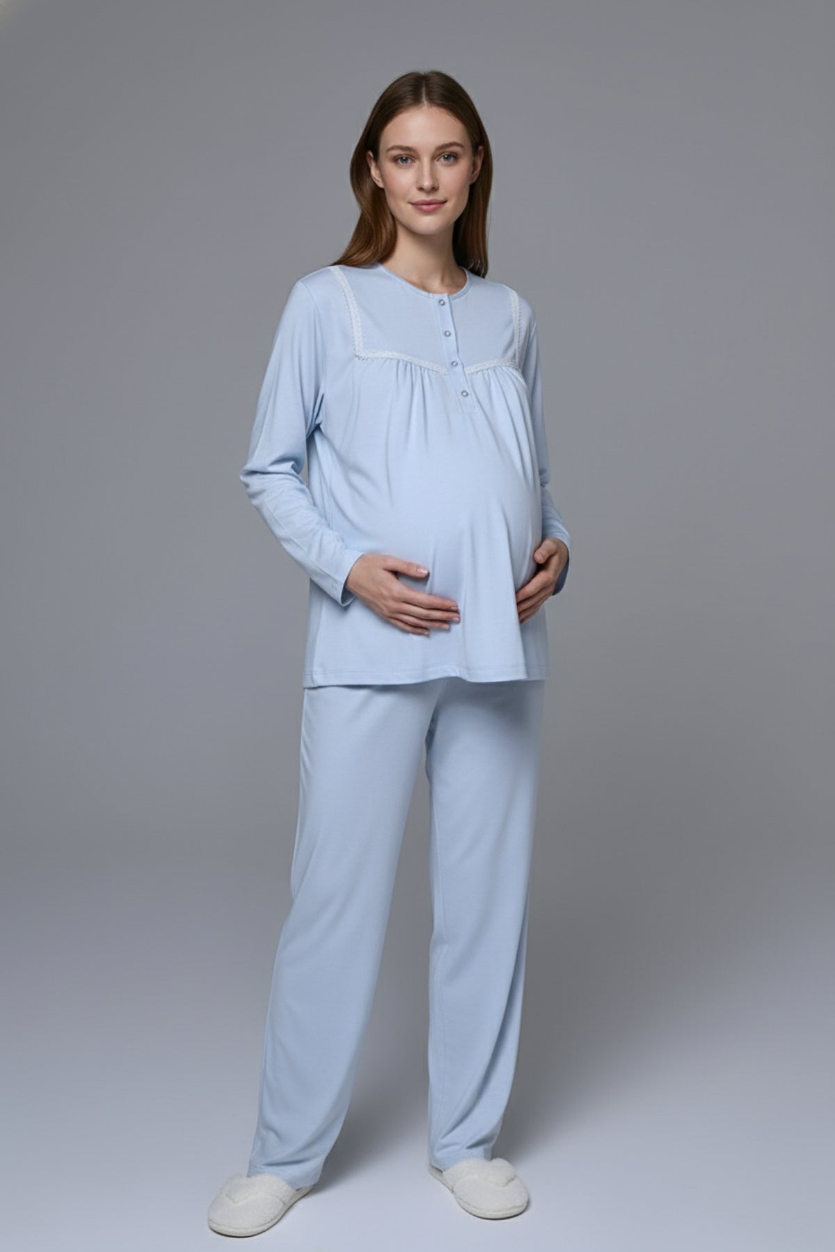 Guipure Collar 3-Piece Maternity-Nursing Pajama & Jacquard Robe Set Blue - 24358