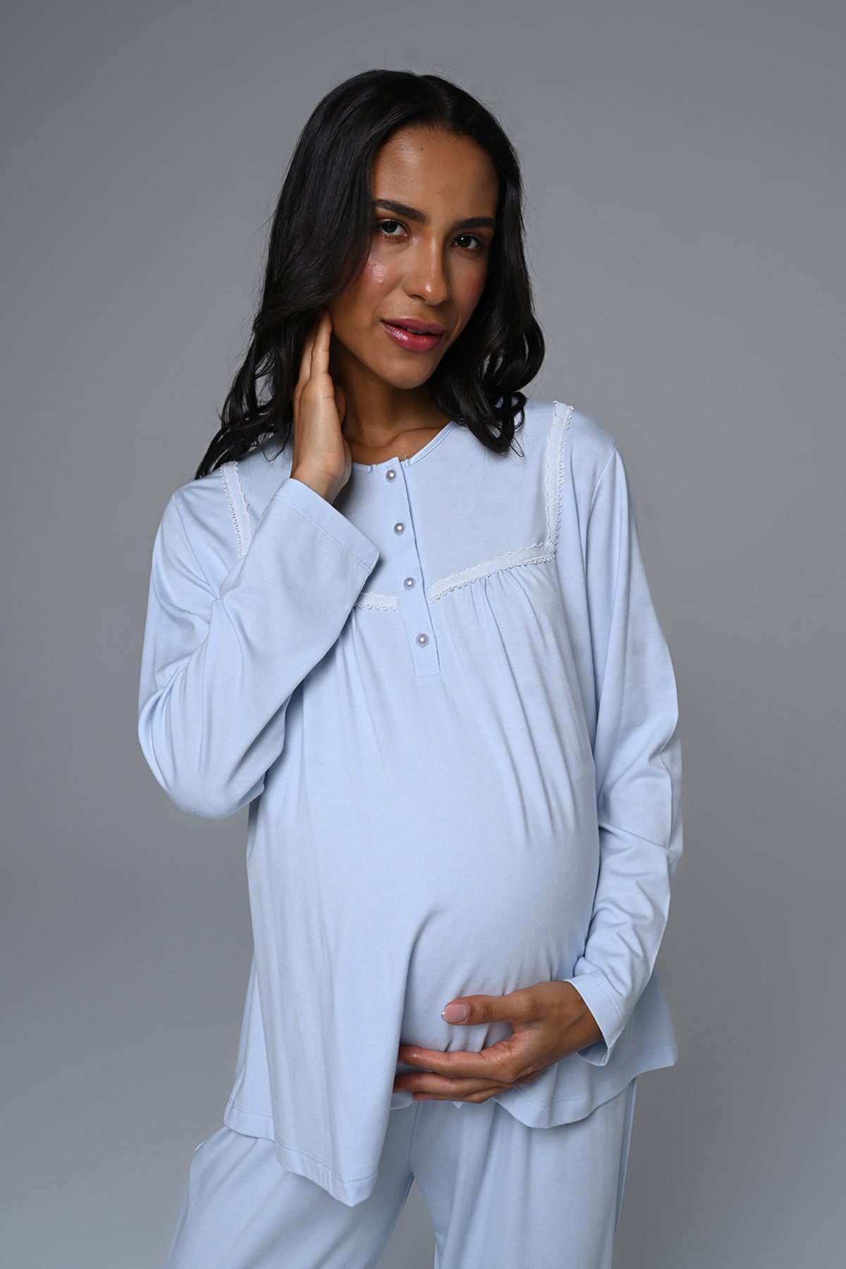 Guipure Collar 3-Piece Maternity-Nursing Pajama & Jacquard Robe Set Blue - 24358