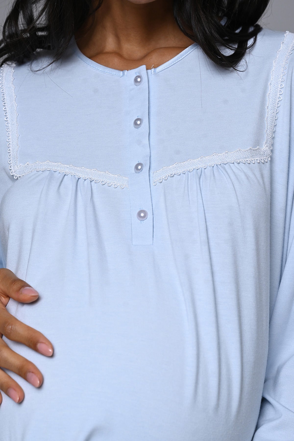 Guipure Collar 3-Piece Maternity-Nursing Pajama & Jacquard Robe Set Blue - 24358