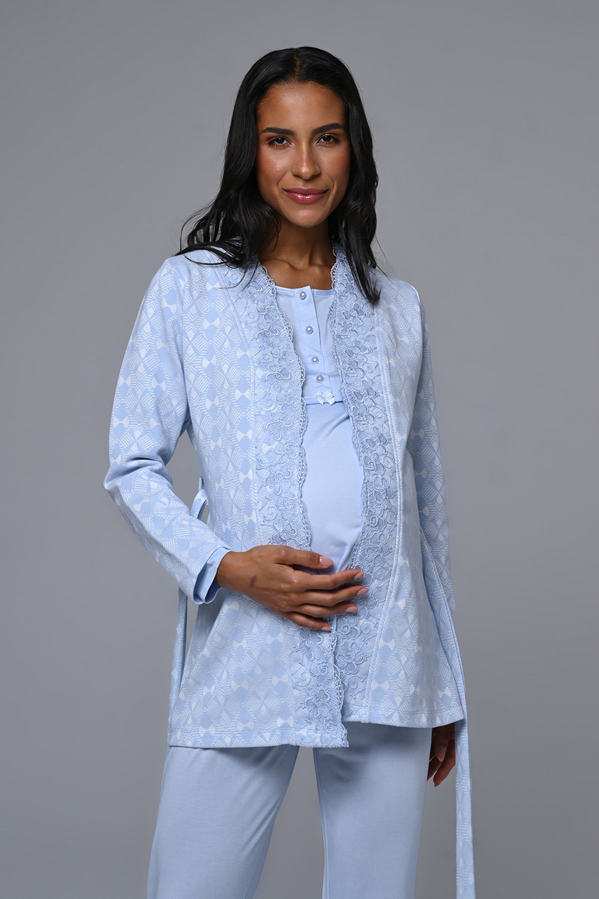 Lacy Edge 3-Piece Maternity-Nursing Pajama & Robe Set Blue - 24359