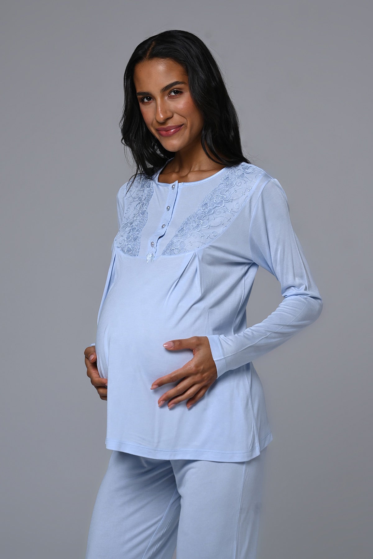Lacy Edge 3-Piece Maternity-Nursing Pajama & Robe Set Blue - 24359