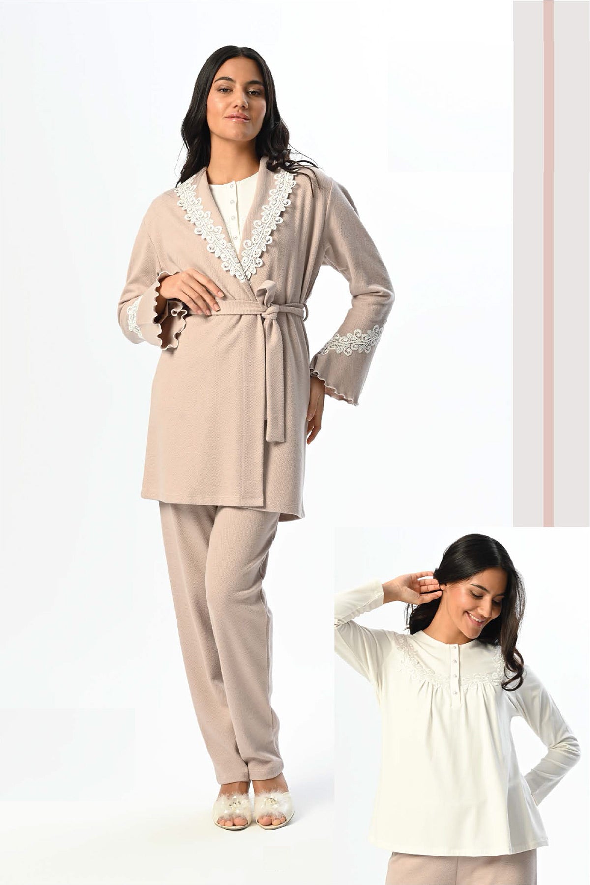 Flower Lacy 3-Piece Maternity-Nursing Pajama & Flywheel Arm Robe Set - 24362