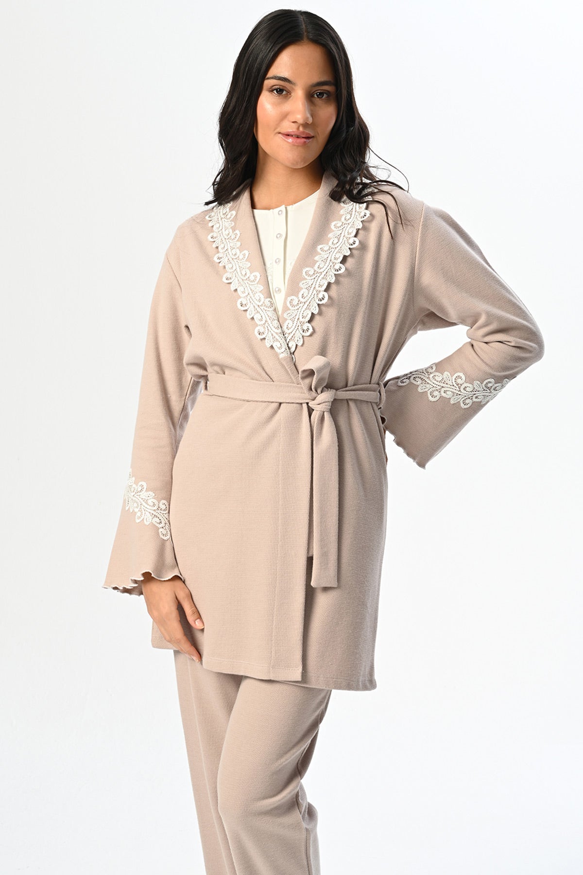 Flower Lacy 3-Piece Maternity-Nursing Pajama & Flywheel Arm Robe Set - 24362
