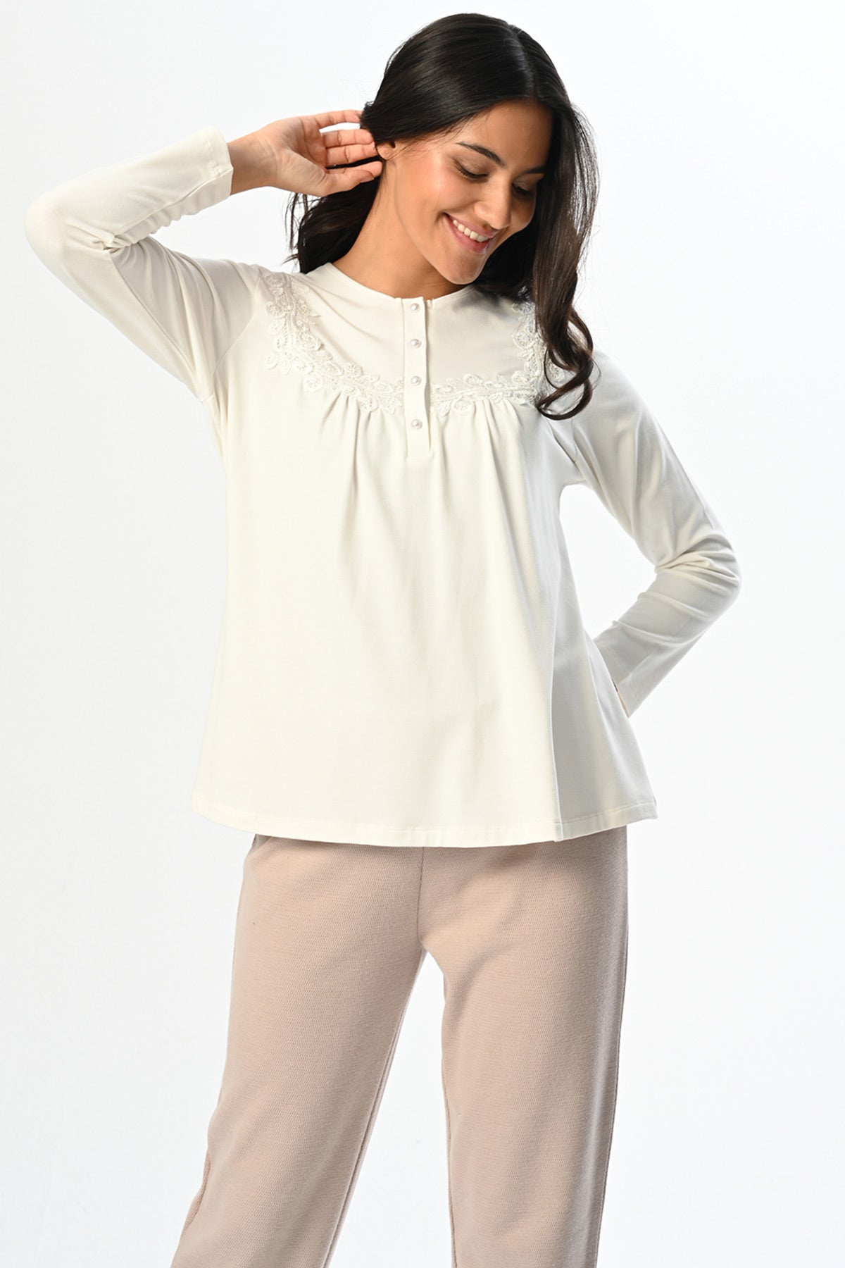 Flower Lacy 3-Piece Maternity-Nursing Pajama & Flywheel Arm Robe Set - 24362
