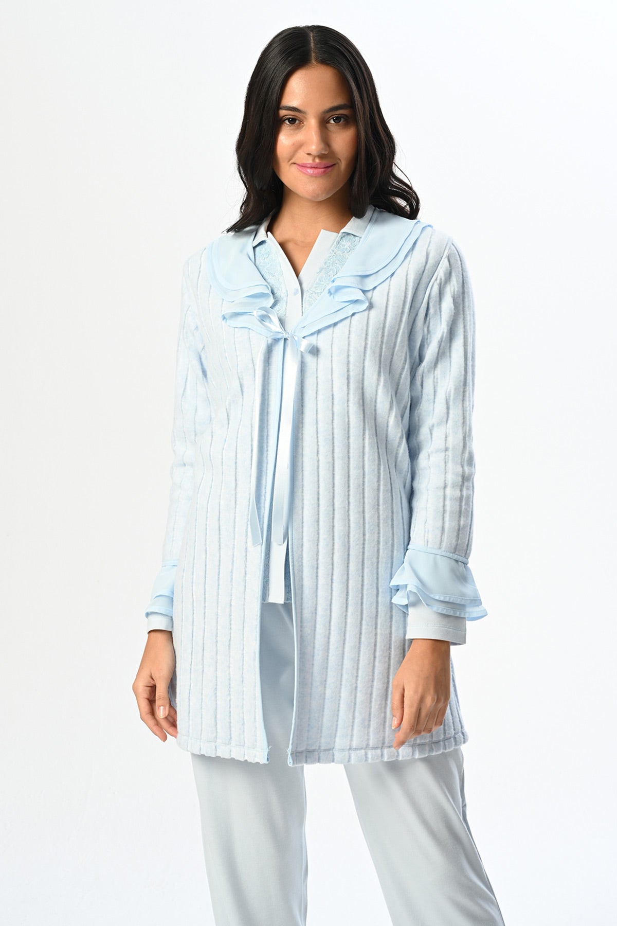 Ruffled Lace 3-Piece Maternity-Nursing Pajama & Robe Set Blue - 24367