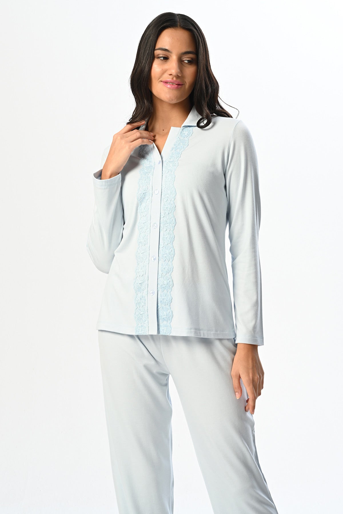 Ruffled Lace 3-Piece Maternity-Nursing Pajama & Robe Set Blue - 24367