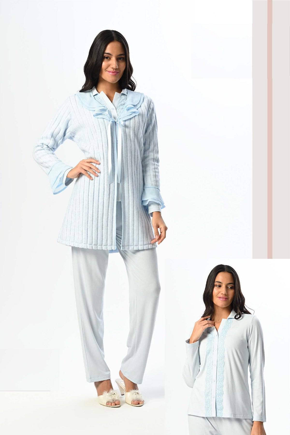 Ruffled Lace 3-Piece Maternity-Nursing Pajama & Robe Set Blue - 24367
