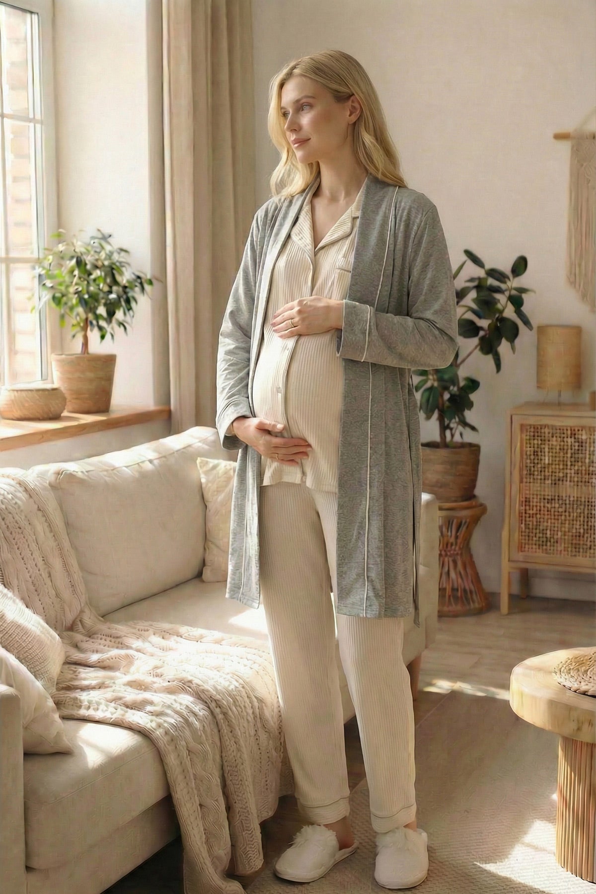Ribbed 3-Piece Maternity-Nursing Pajama & Striped Robe Set Ecru - 24371