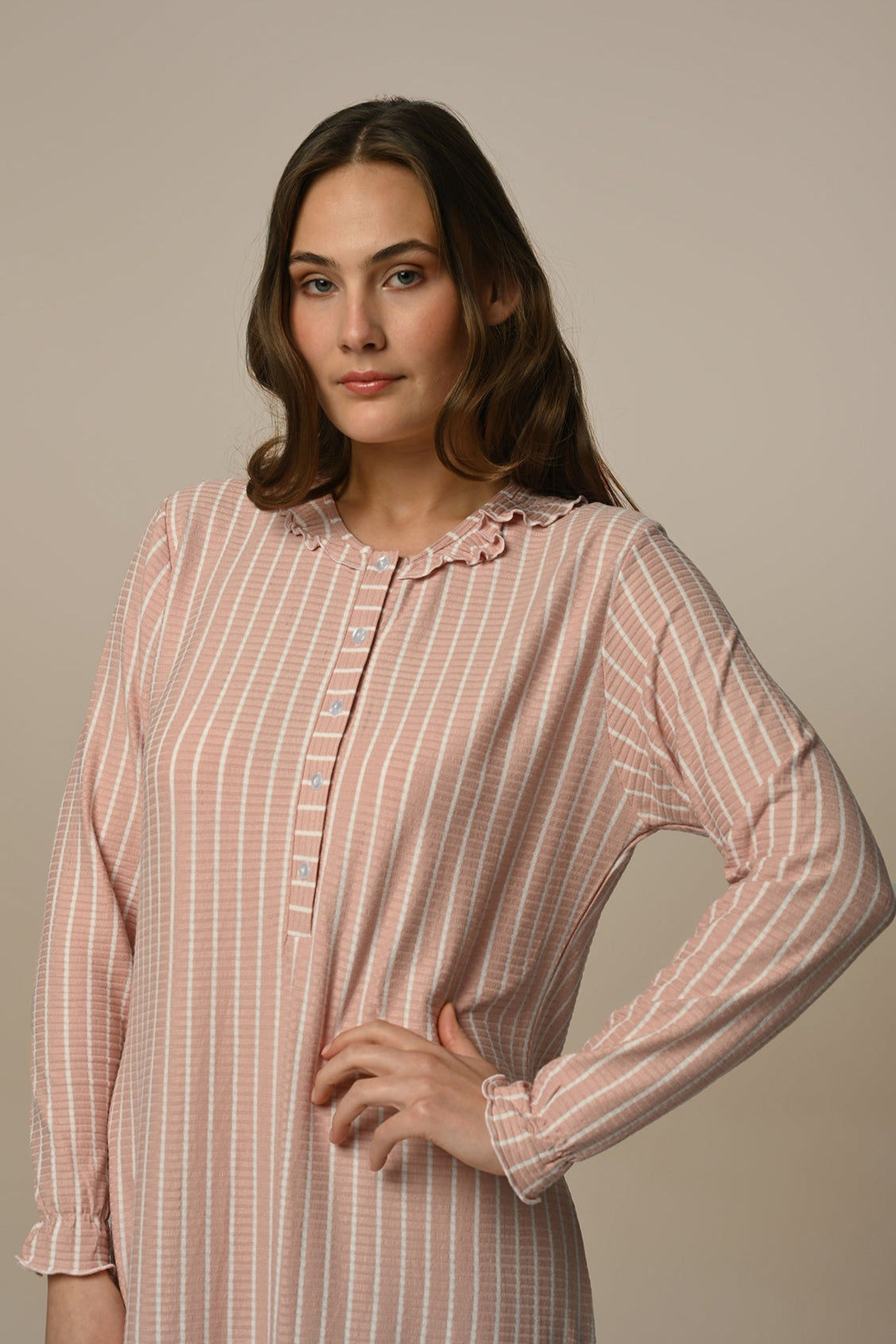 Ribbed Stripe Maternity & Nursing Nightgown - 24401