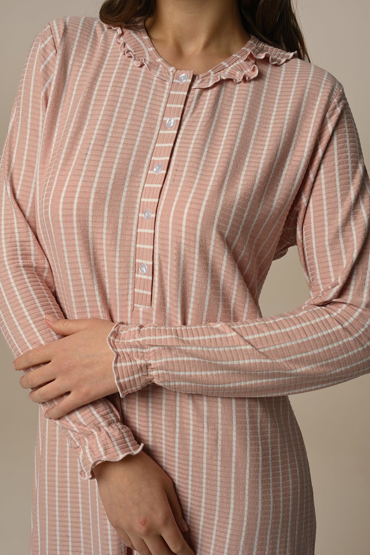 Ribbed Stripe Maternity & Nursing Nightgown - 24401