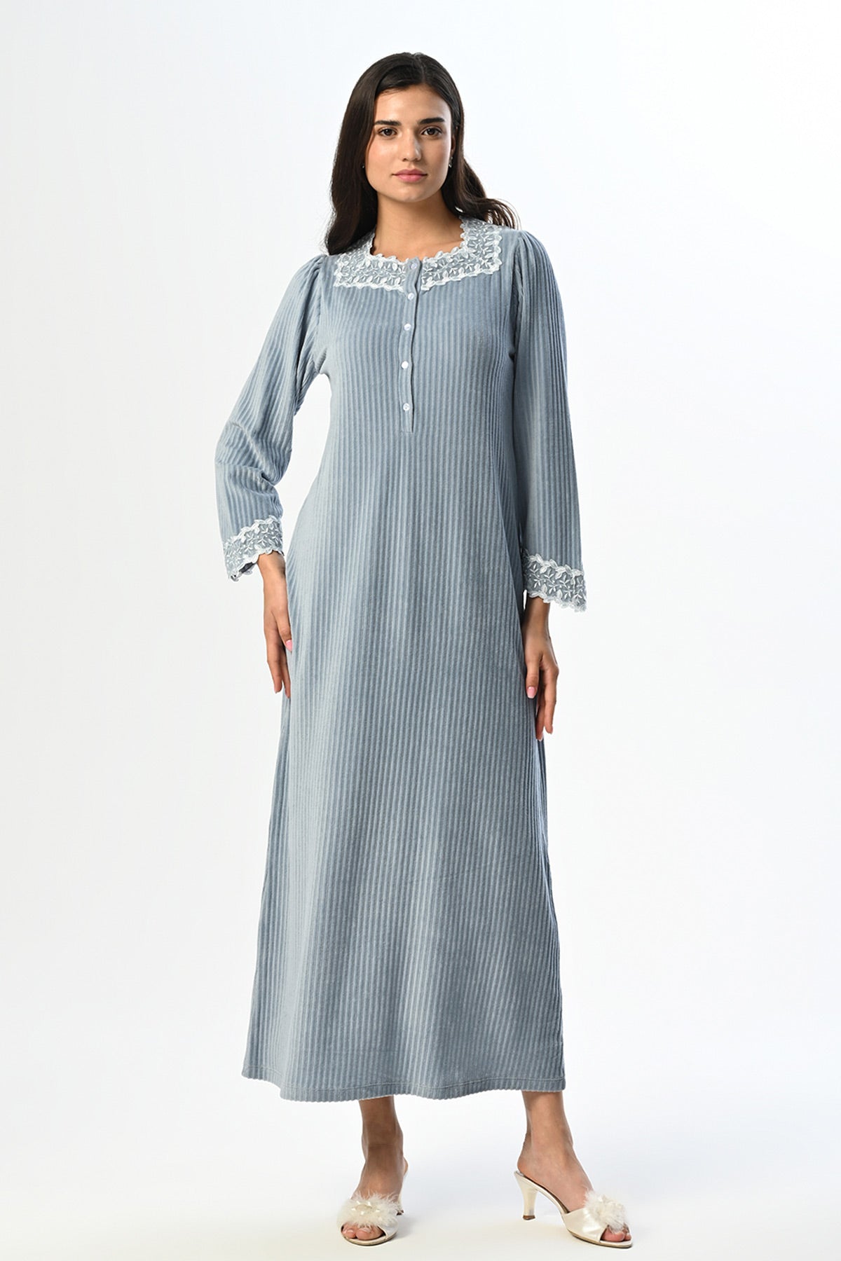 Ribbed Lace Maternity & Nursing Nightgown - 24407