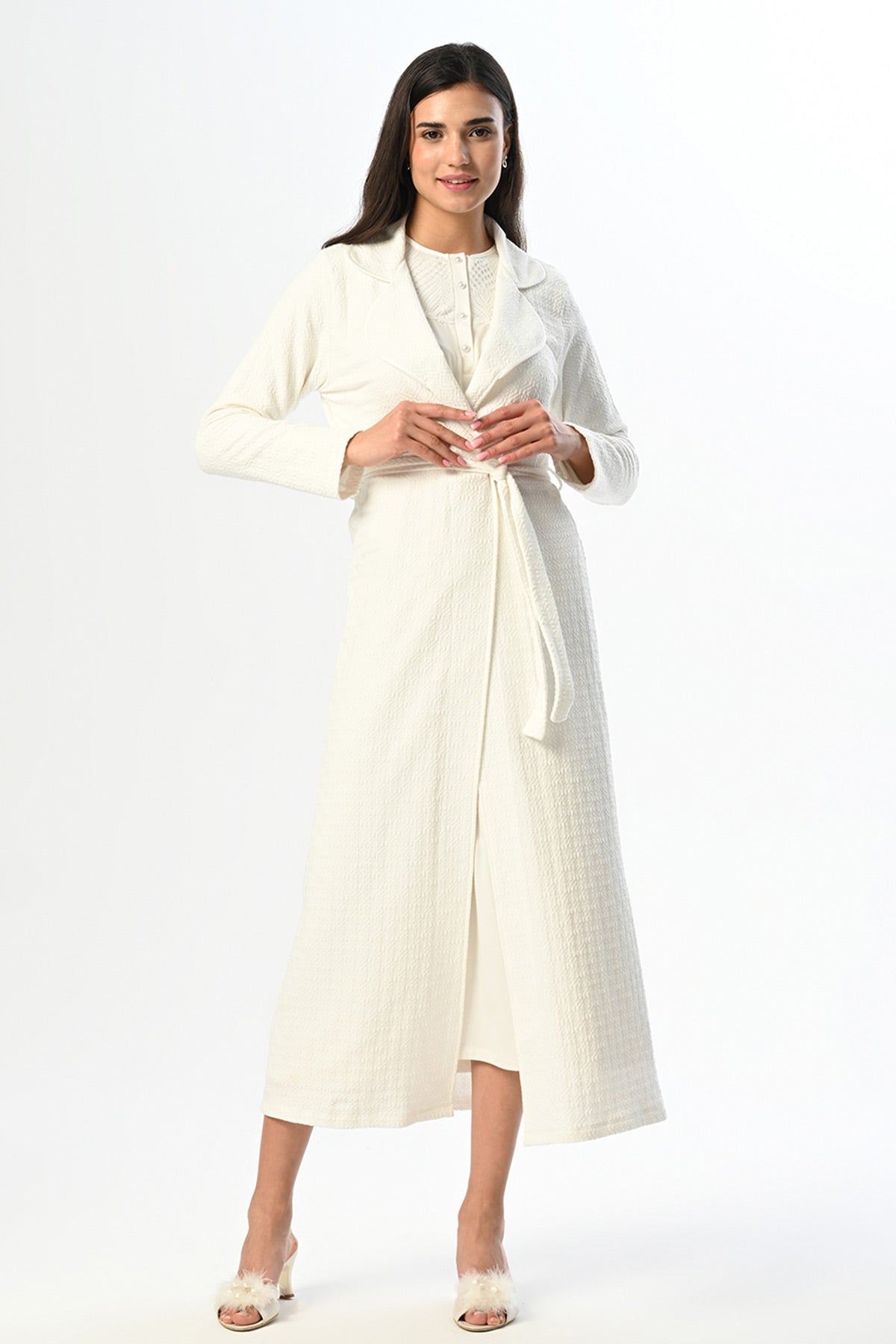 Guipure Collar Maternity-Nursing Nightgown & Jacquard Robe Set - 24524