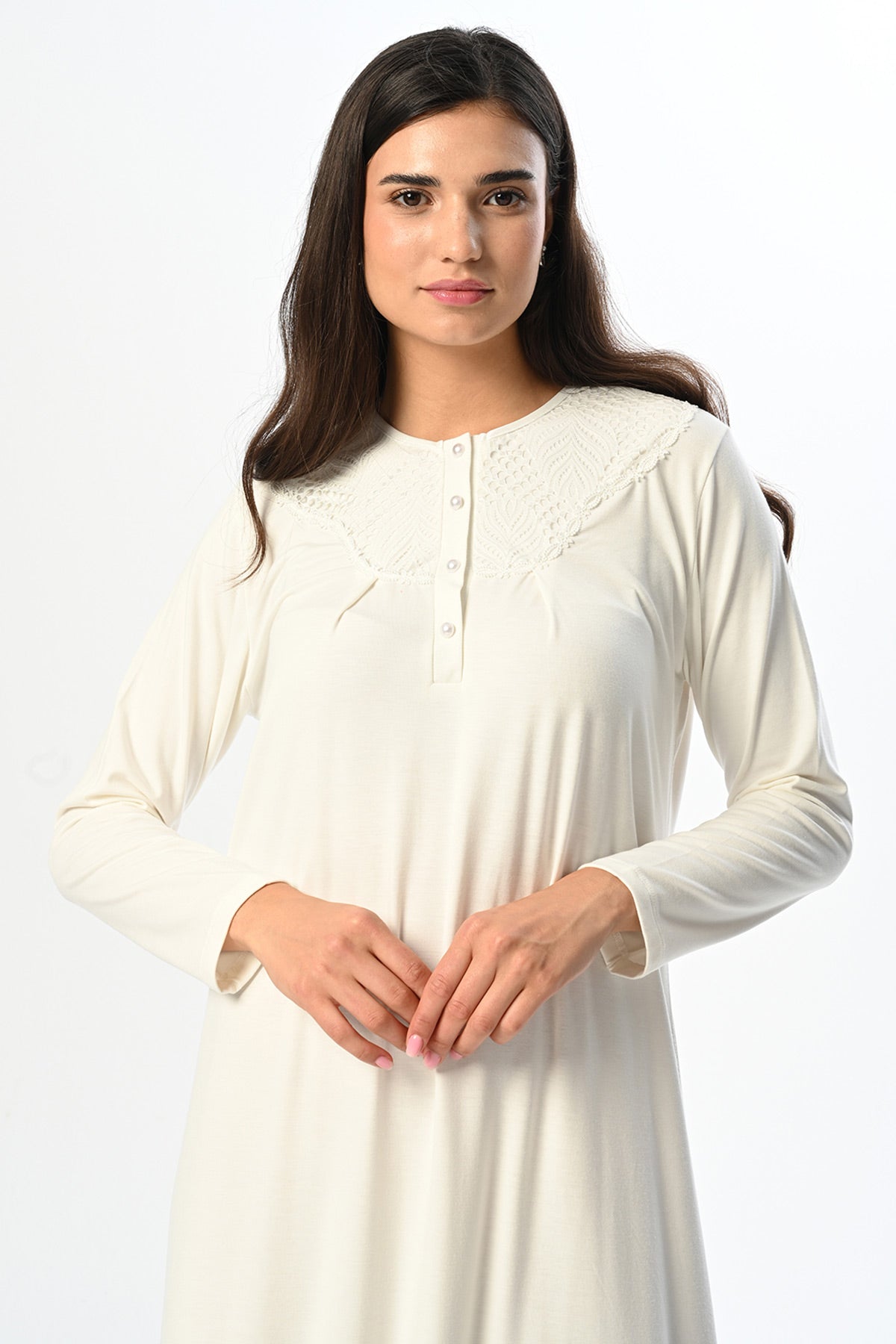 Guipure Collar Maternity-Nursing Nightgown & Jacquard Robe Set - 24524