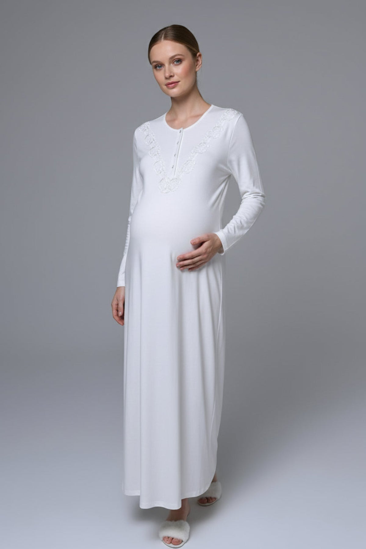 Lace Collar Maternity-Nursing Nightgown & Lace Sleeve Robe Set - 24540