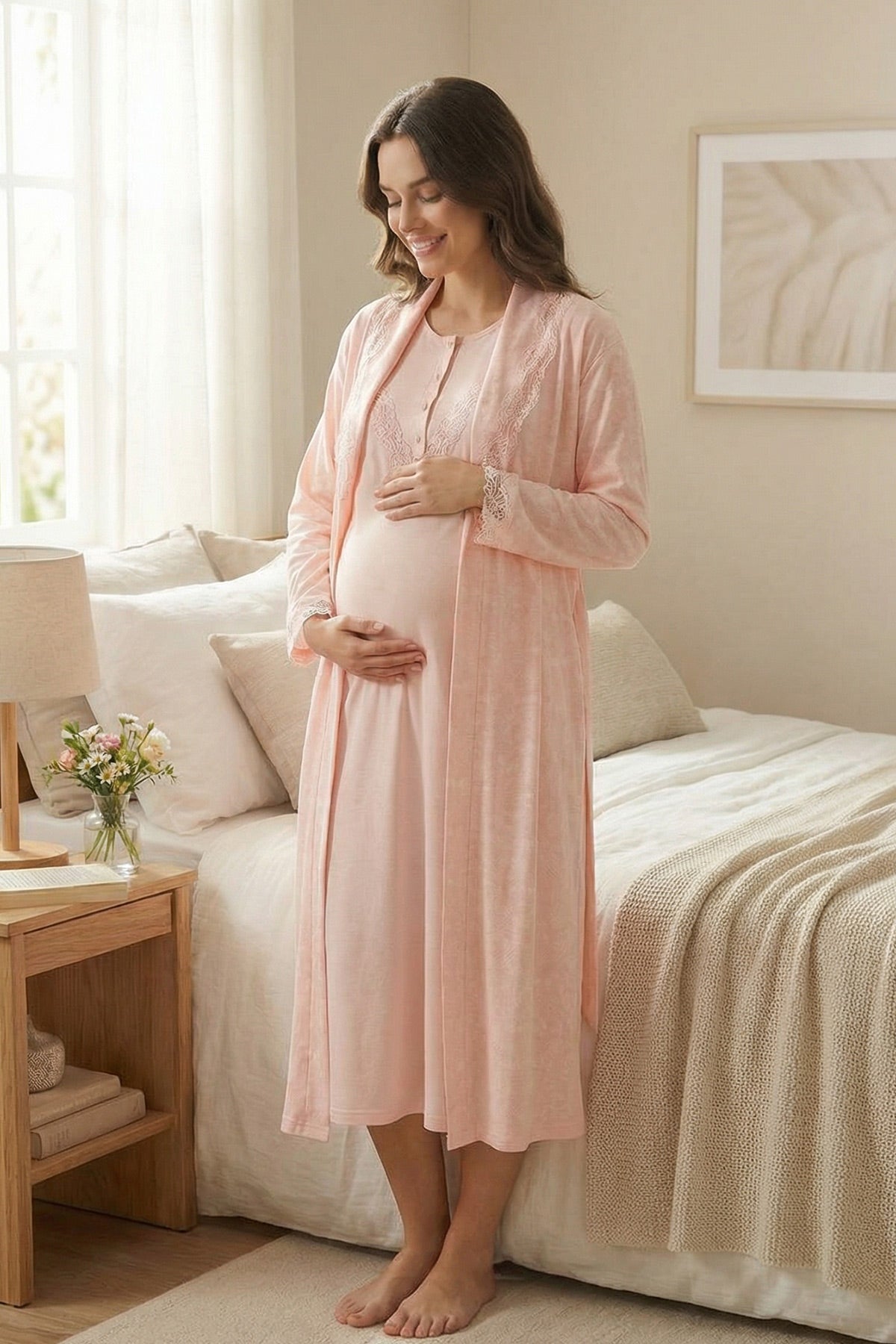 Lace Collar Maternity-Nursing Nightgown & Lace Sleeve Robe Set - 24540