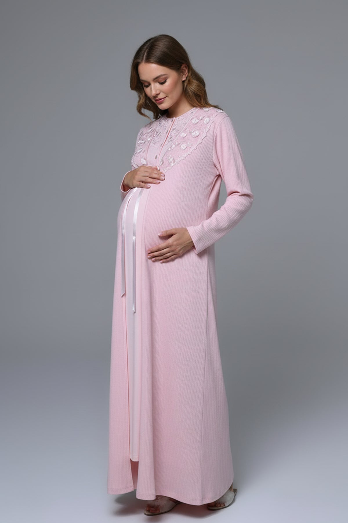 Flowery Lace Embroidered Maternity-Nursing Nightgown & Robe Set - 24542