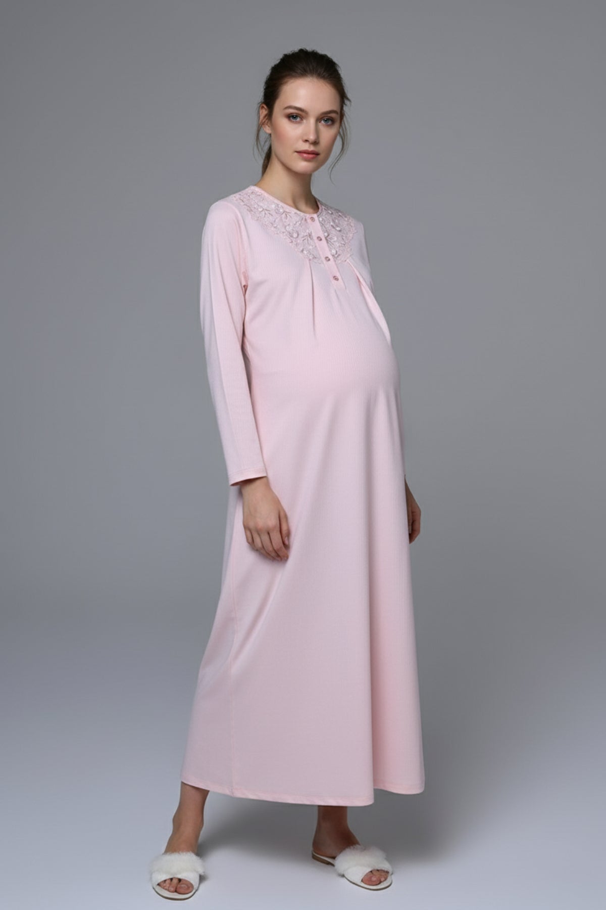 Flowery Lace Embroidered Maternity-Nursing Nightgown & Robe Set - 24542