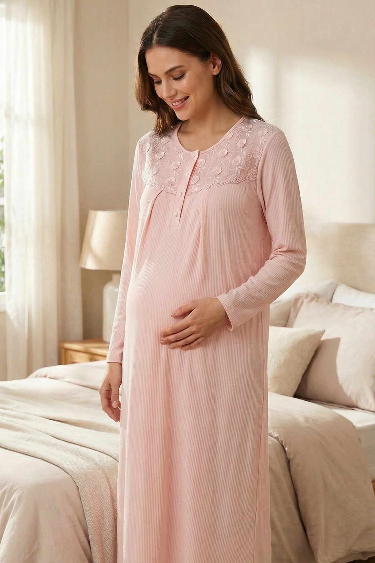 Flowery Lace Embroidered Maternity-Nursing Nightgown & Robe Set Grey - 24542