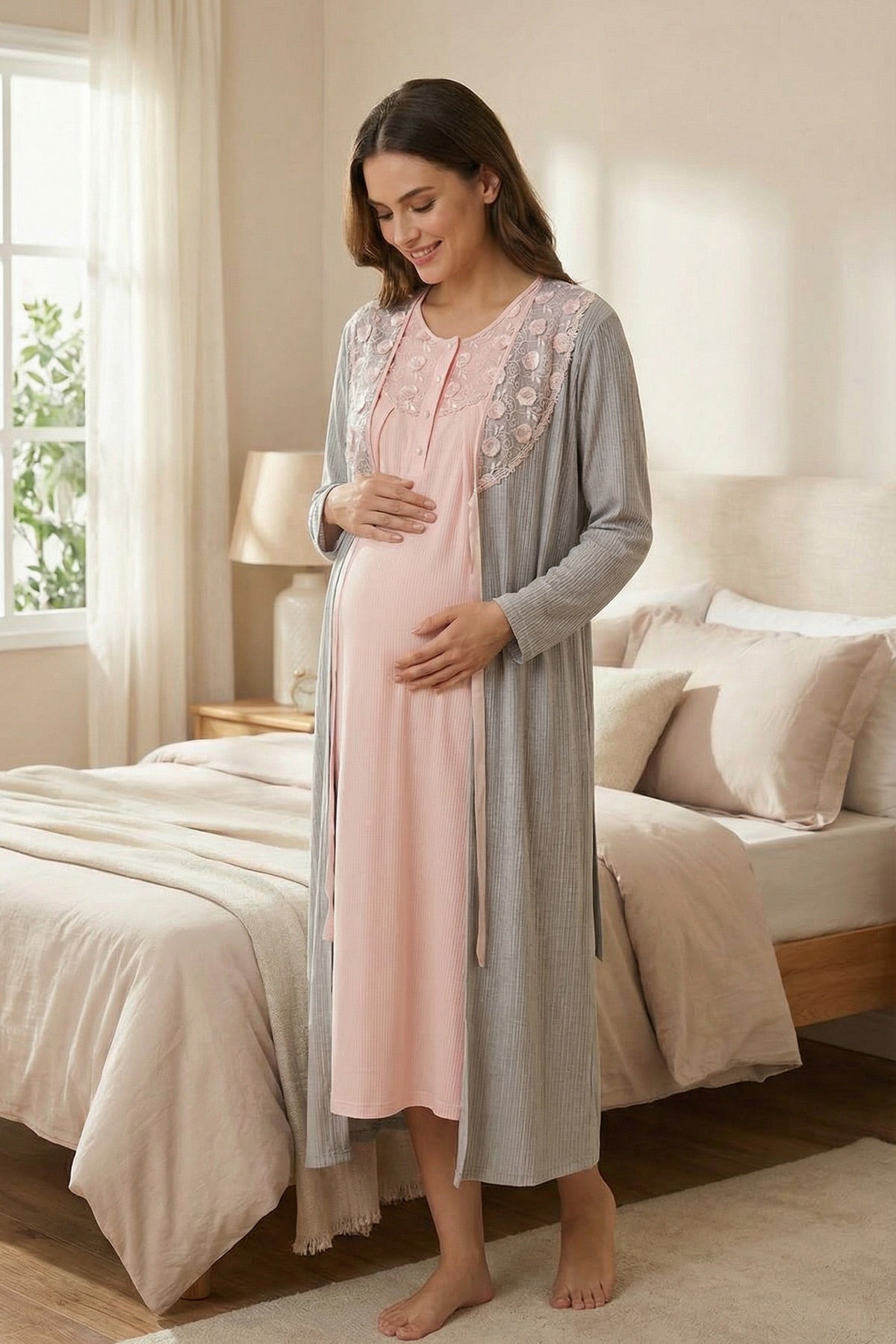 Flowery Lace Embroidered Maternity-Nursing Nightgown & Robe Set Grey - 24542