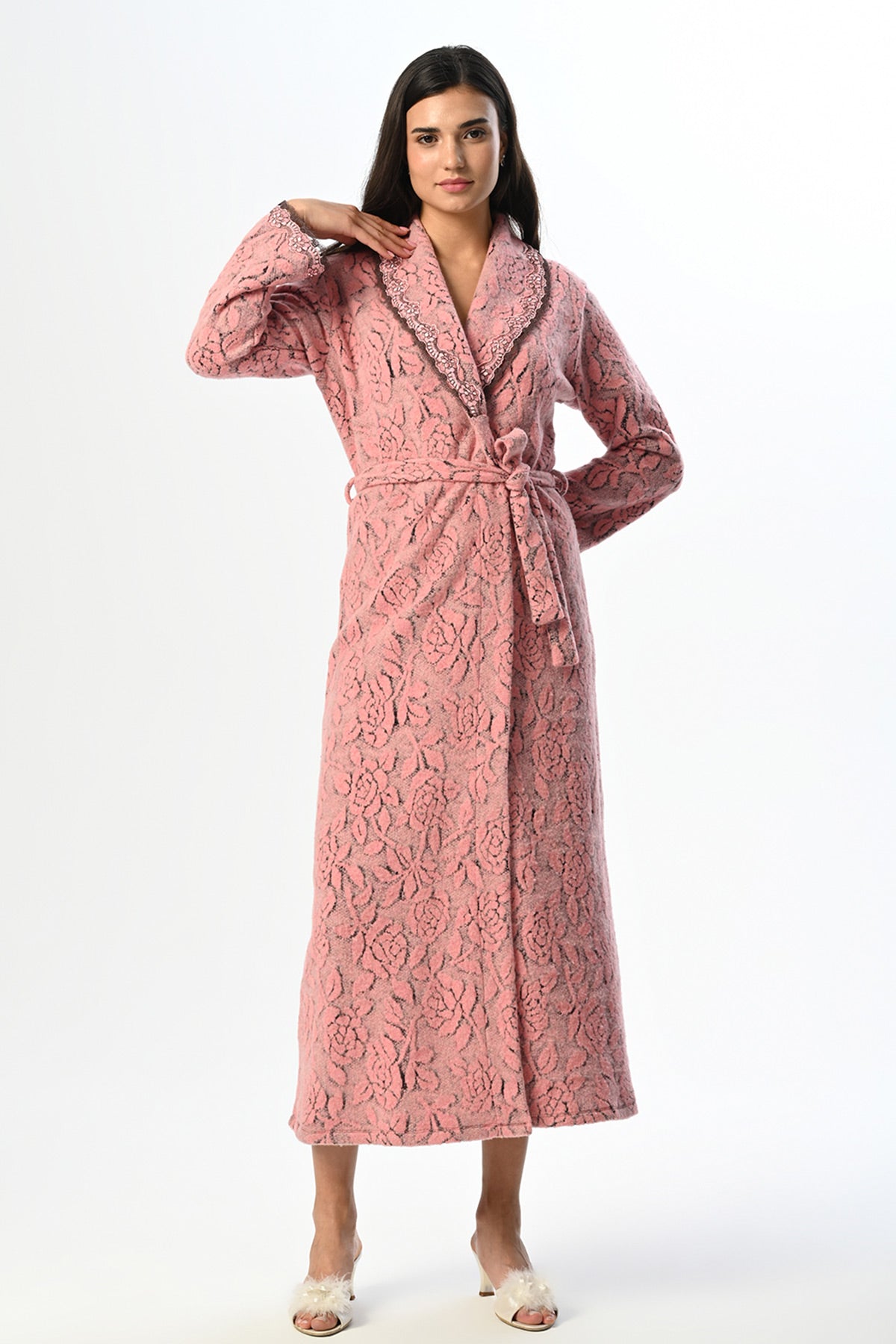 Rose Patterned Lace Edge Maternity Robe Dried Rose - 24604