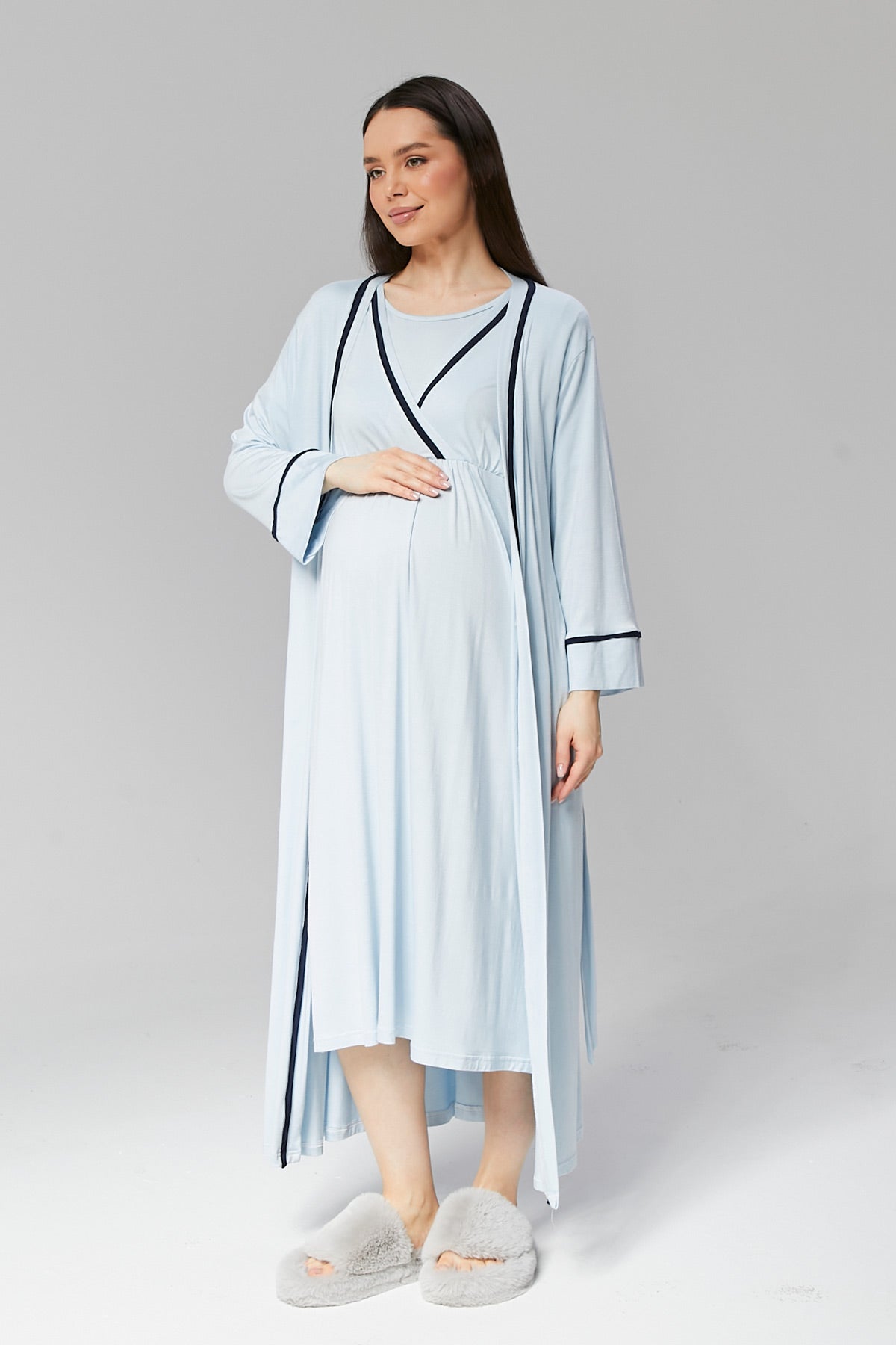 Striped Double Breasted Maternity-Nursing Nightgown & Robe Set Blue - 506