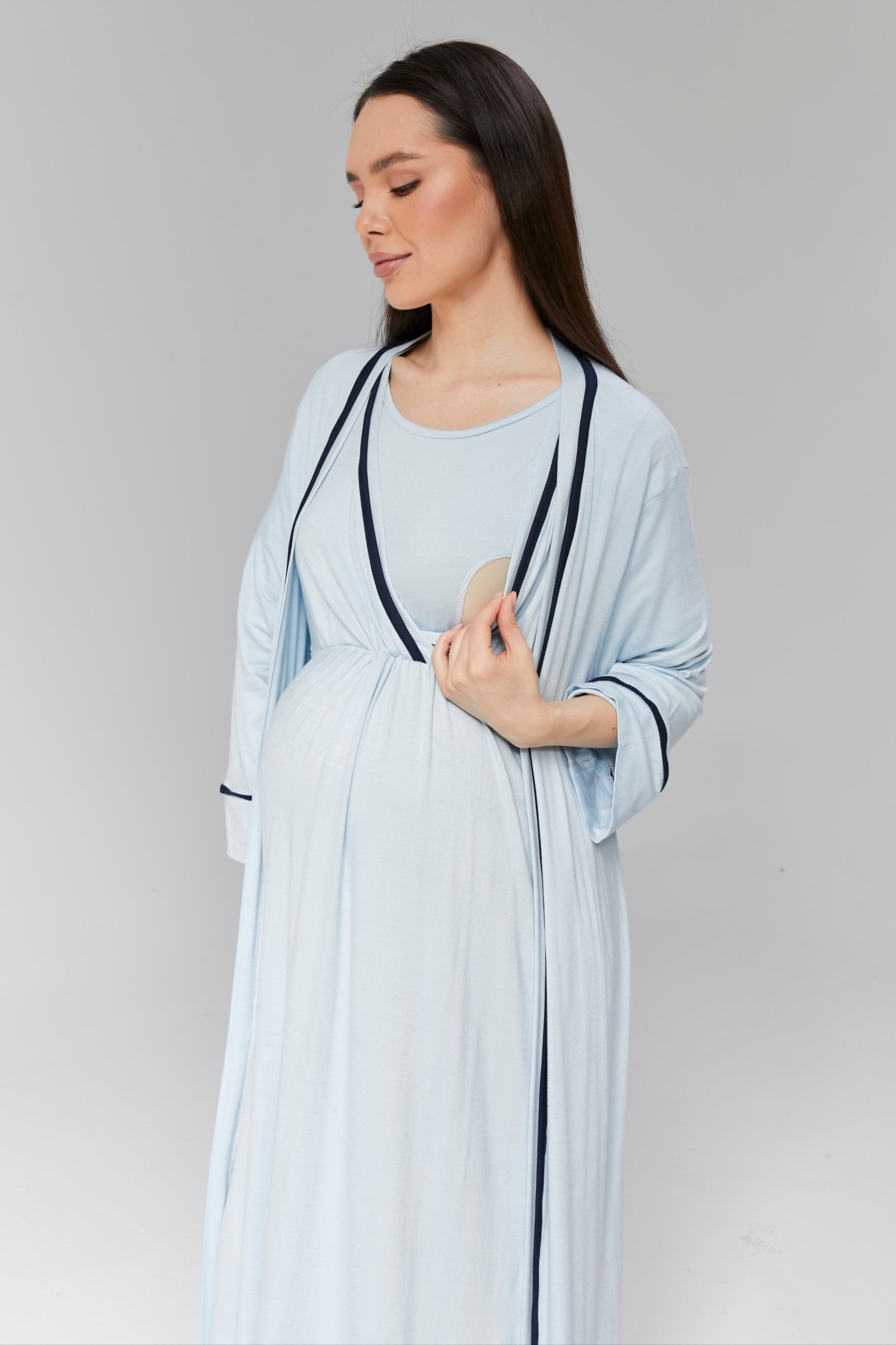 Striped Double Breasted Maternity-Nursing Nightgown & Robe Set Blue - 506