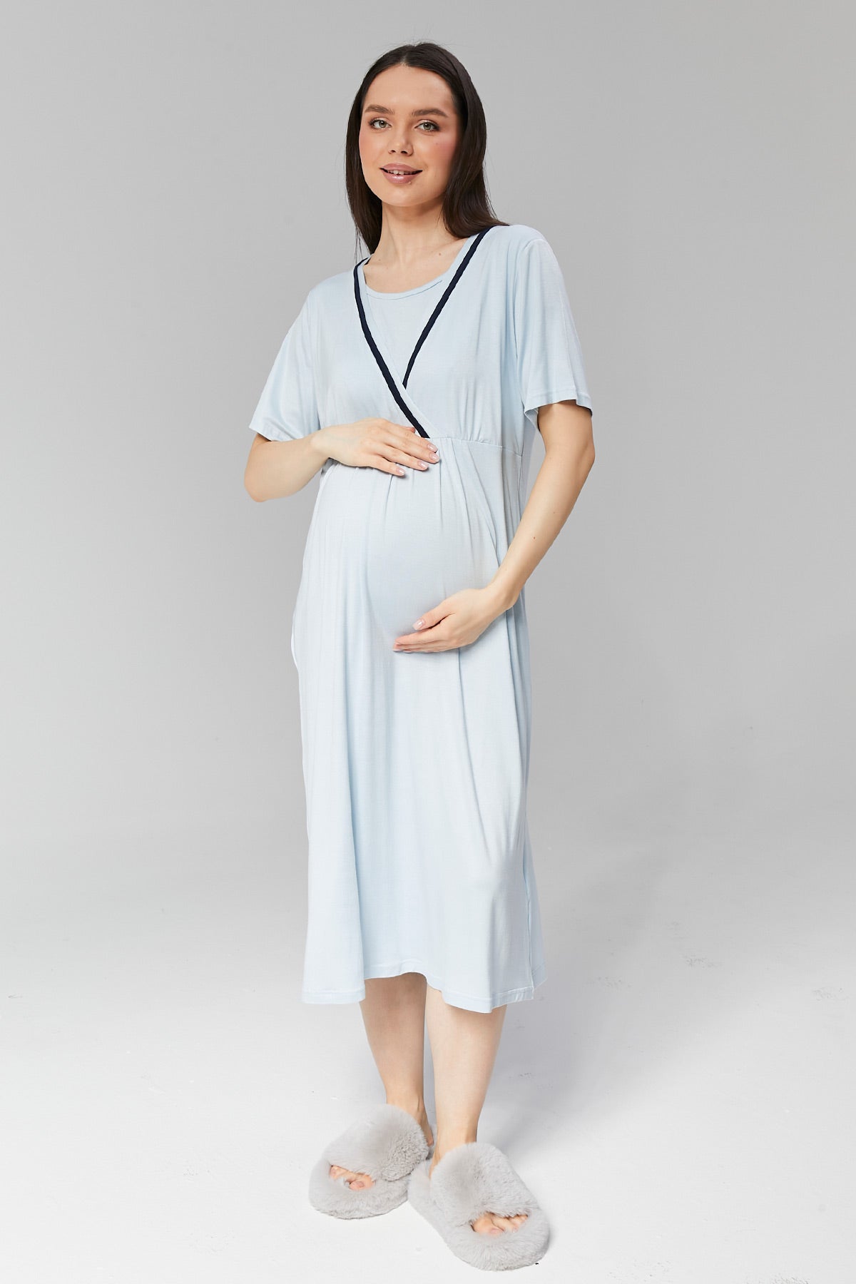 Striped Double Breasted Maternity-Nursing Nightgown & Robe Set Blue - 506
