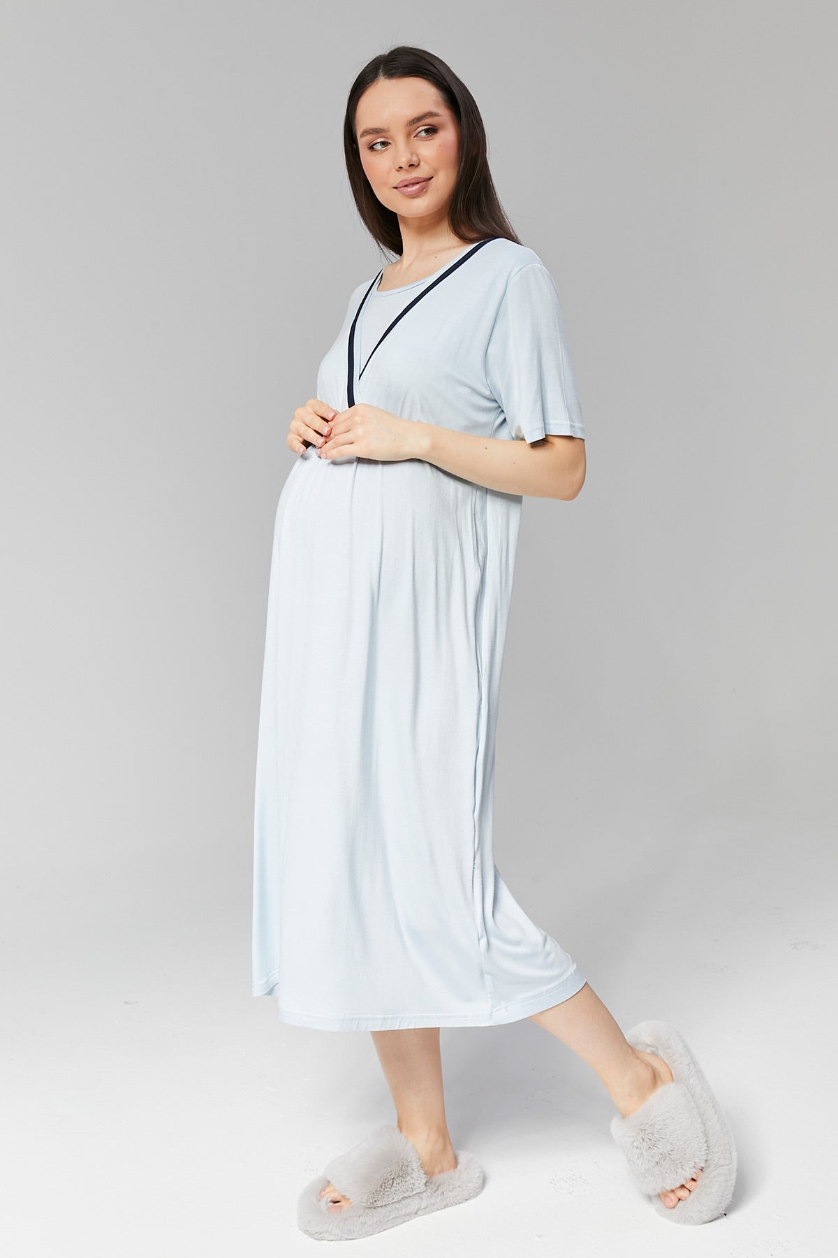 Striped Double Breasted Maternity-Nursing Nightgown & Robe Set Blue - 506
