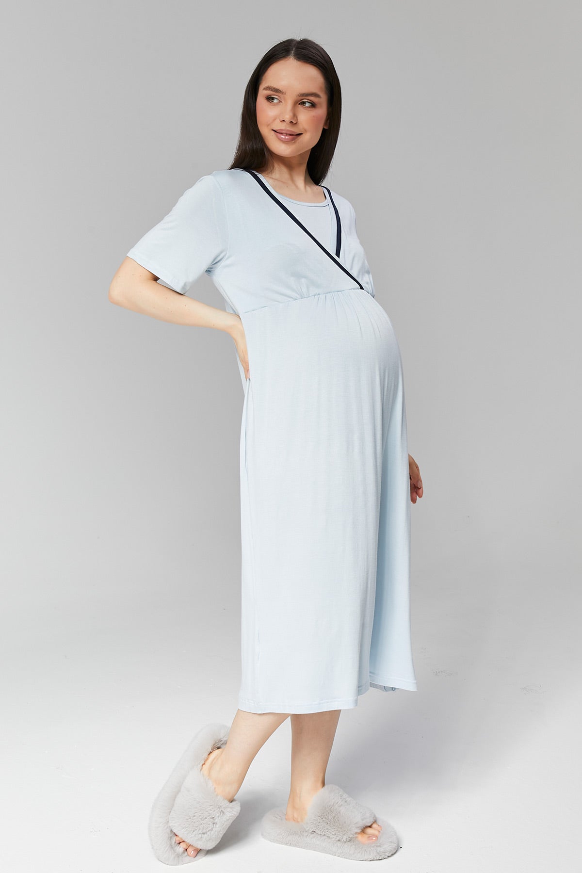 Striped Double Breasted Maternity-Nursing Nightgown & Robe Set Blue - 506