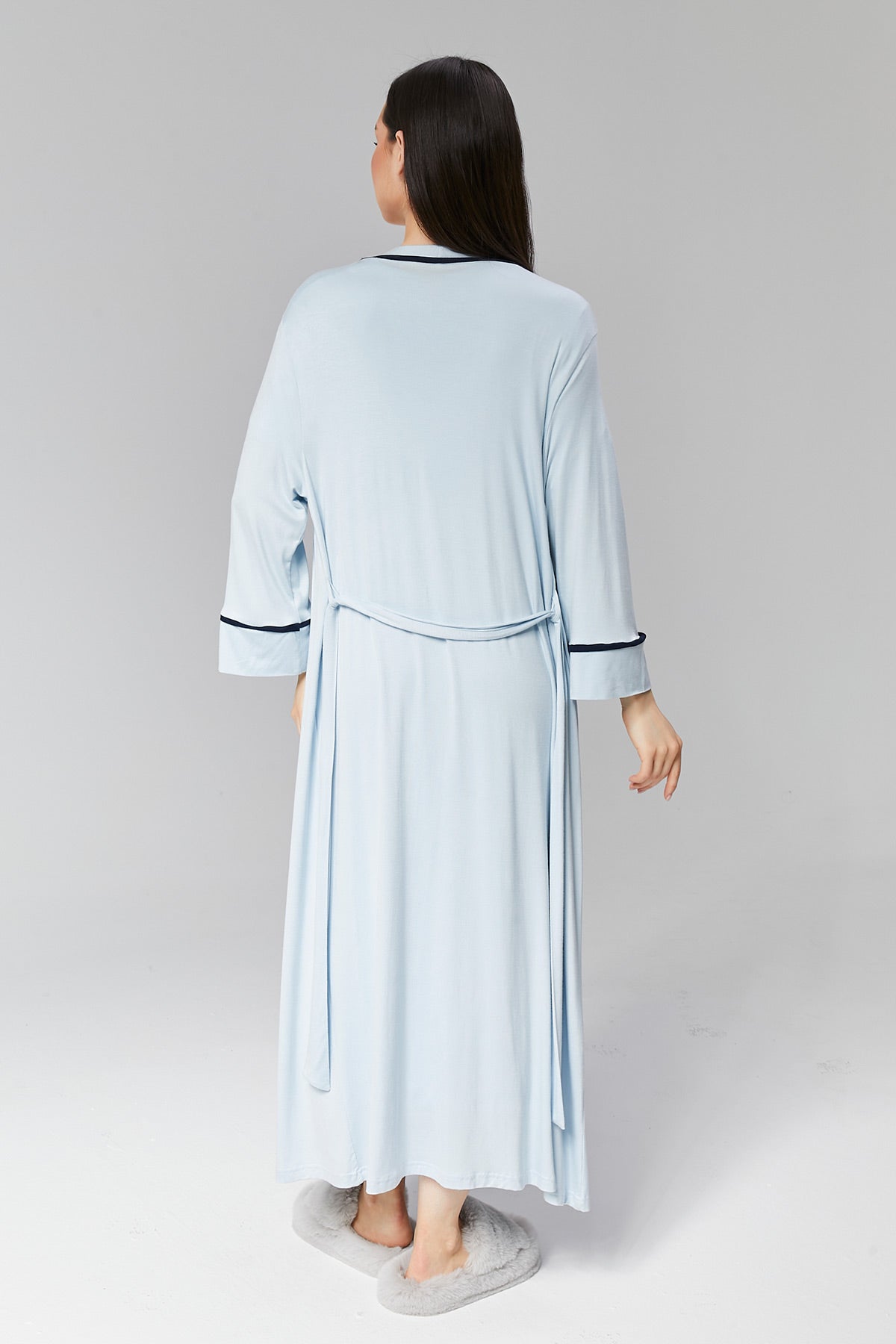 Striped Double Breasted Maternity-Nursing Nightgown & Robe Set Blue - 506