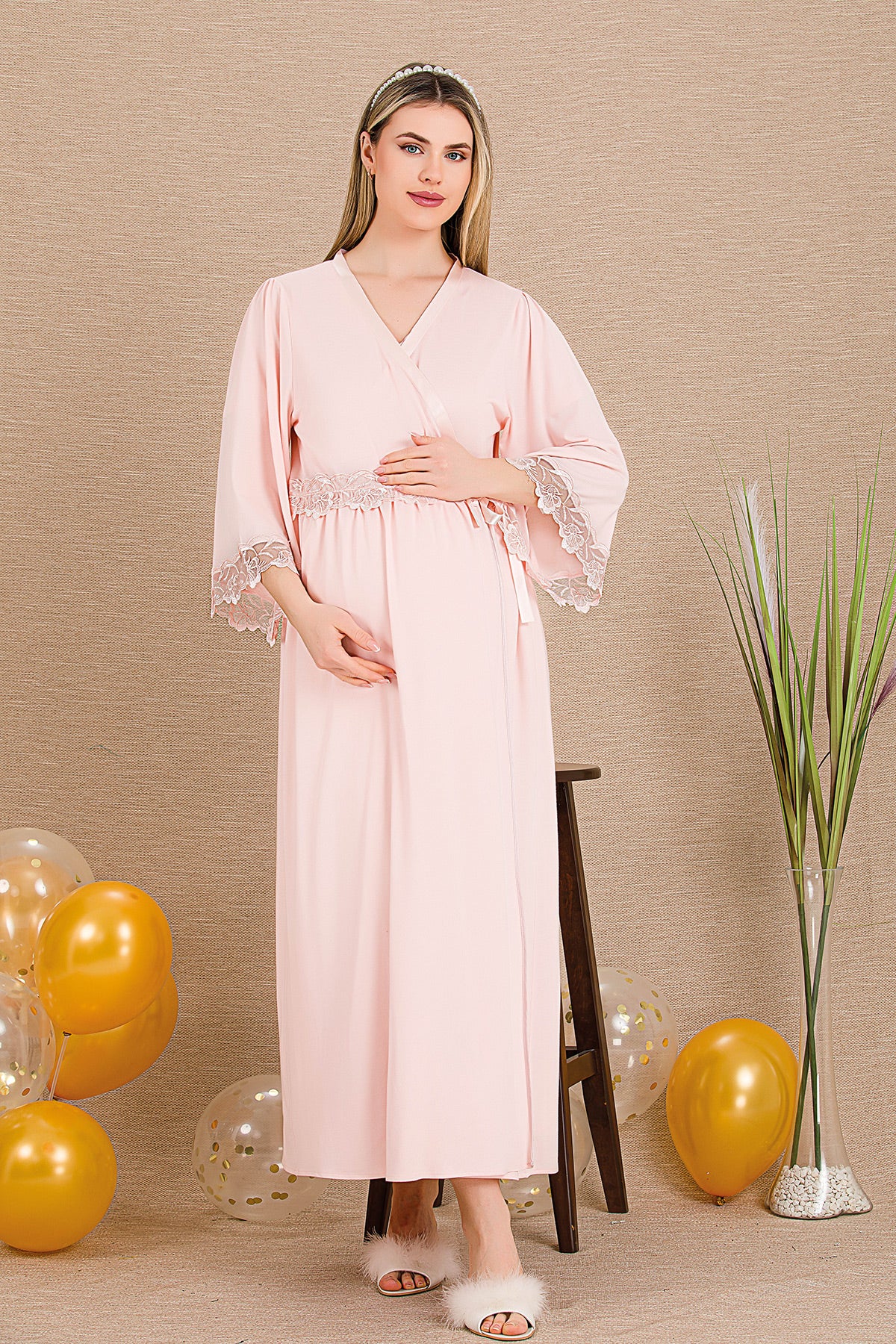 Embroidered Maternity-Nursing Nightgown & Lace Sleeve Robe Set Pink - 33504