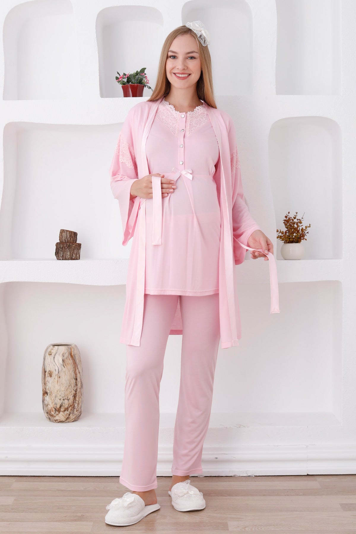 Lace Collar 3-Pieces Maternity Nursing Pajamas With Robe Pink 3420