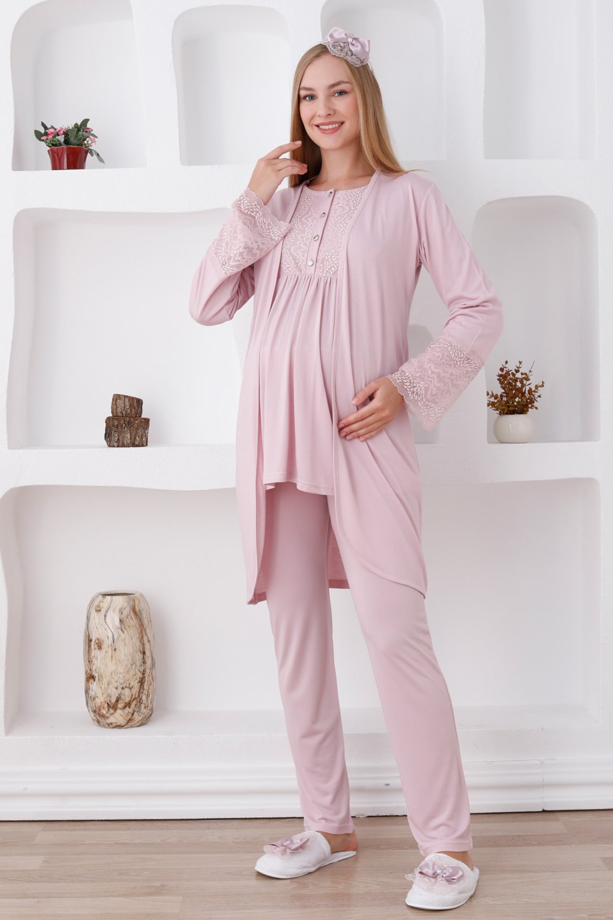 Lace Sleeve 3-Pieces Maternity & Nursing Pajamas With Robe Powder - 3427