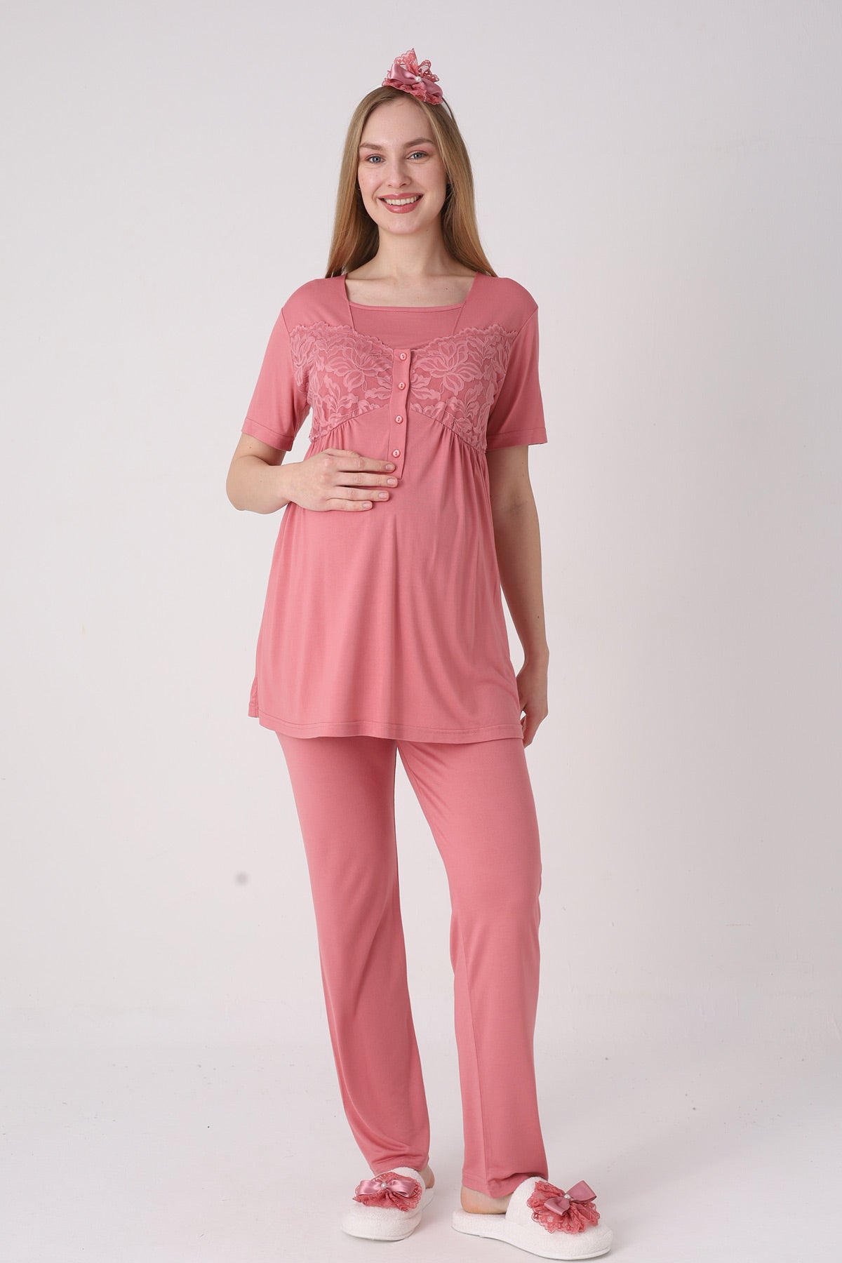 Leaf Lacy Collar 3-Piece Maternity-Nursing Pajama & Leaf Lacy Sleeve Robe Set Pomegranate Red - 3431