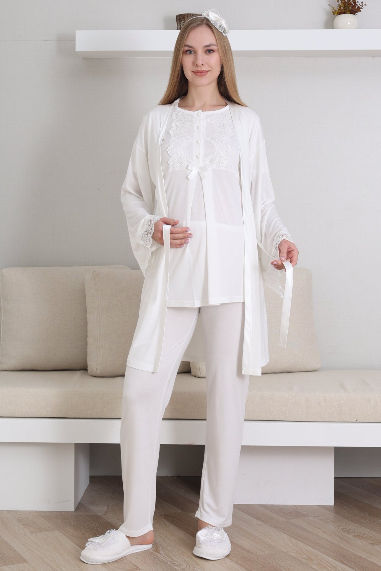Guipure Collar 3-Piece Maternity-Nursing Pajama & Robe Set Ecru - 3433