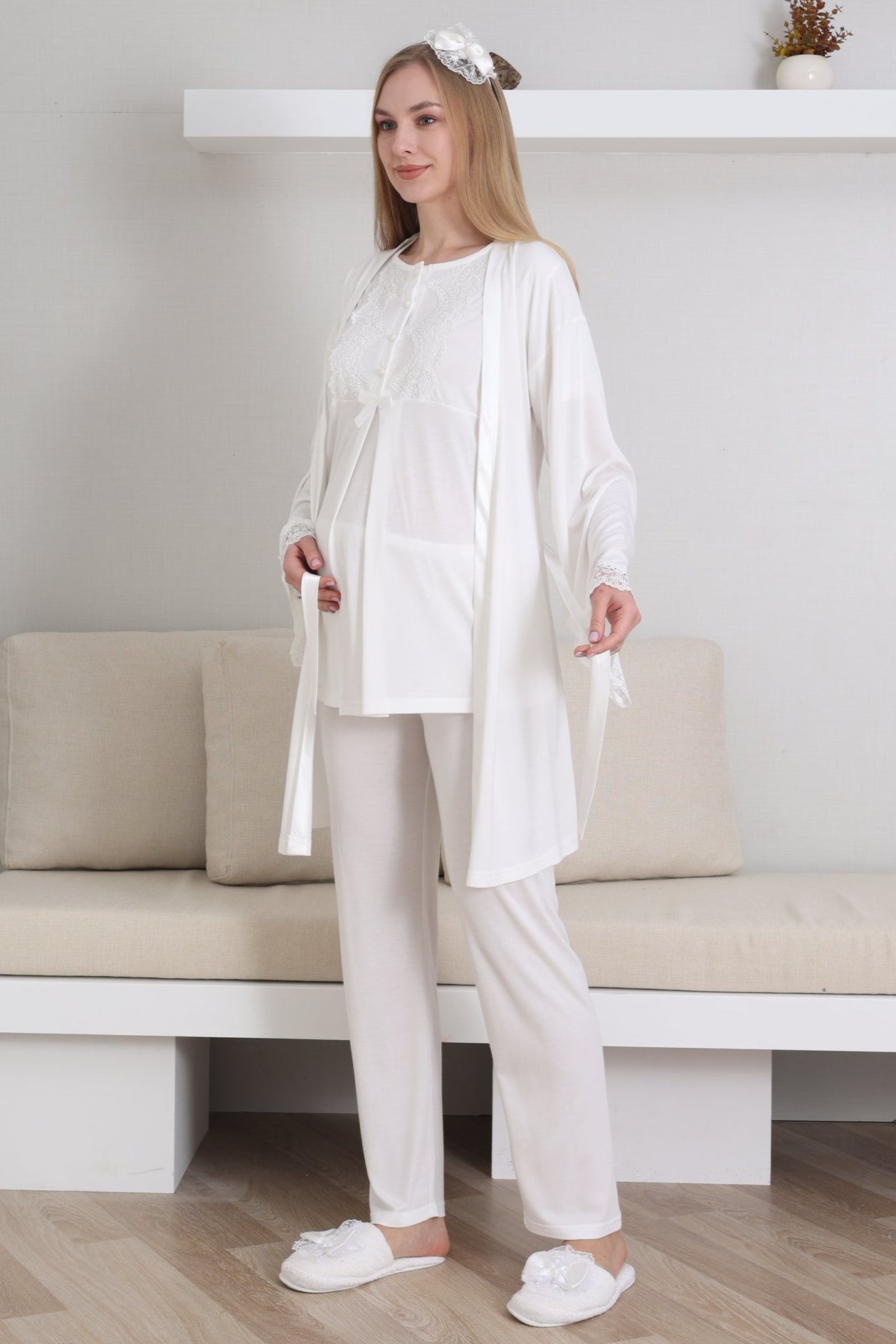 Guipure Collar 3-Piece Maternity-Nursing Pajama & Robe Set Ecru - 3433