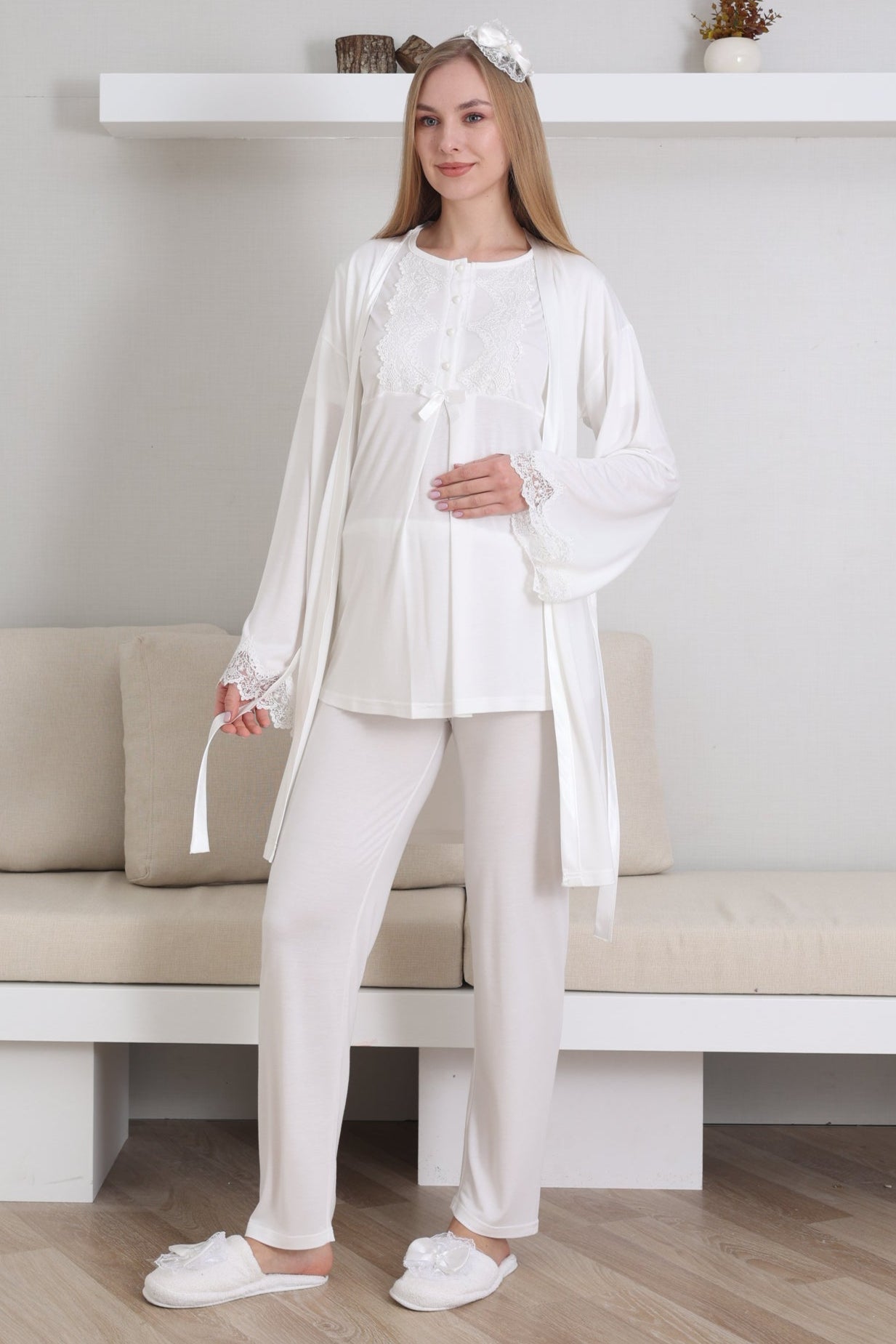 Guipure Collar 3-Piece Maternity-Nursing Pajama & Robe Set Ecru - 3433