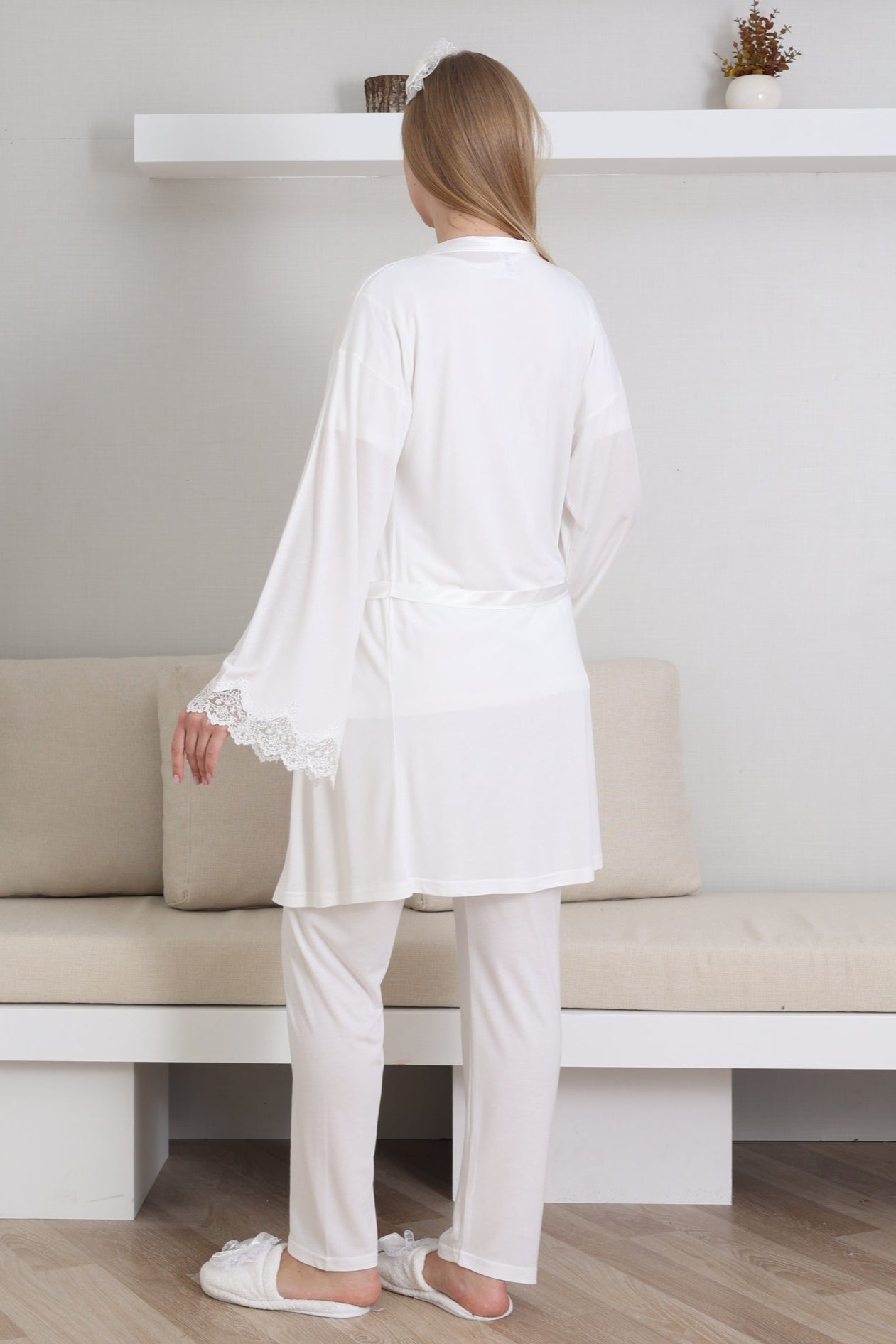 Guipure Collar 3-Piece Maternity-Nursing Pajama & Robe Set Ecru - 3433