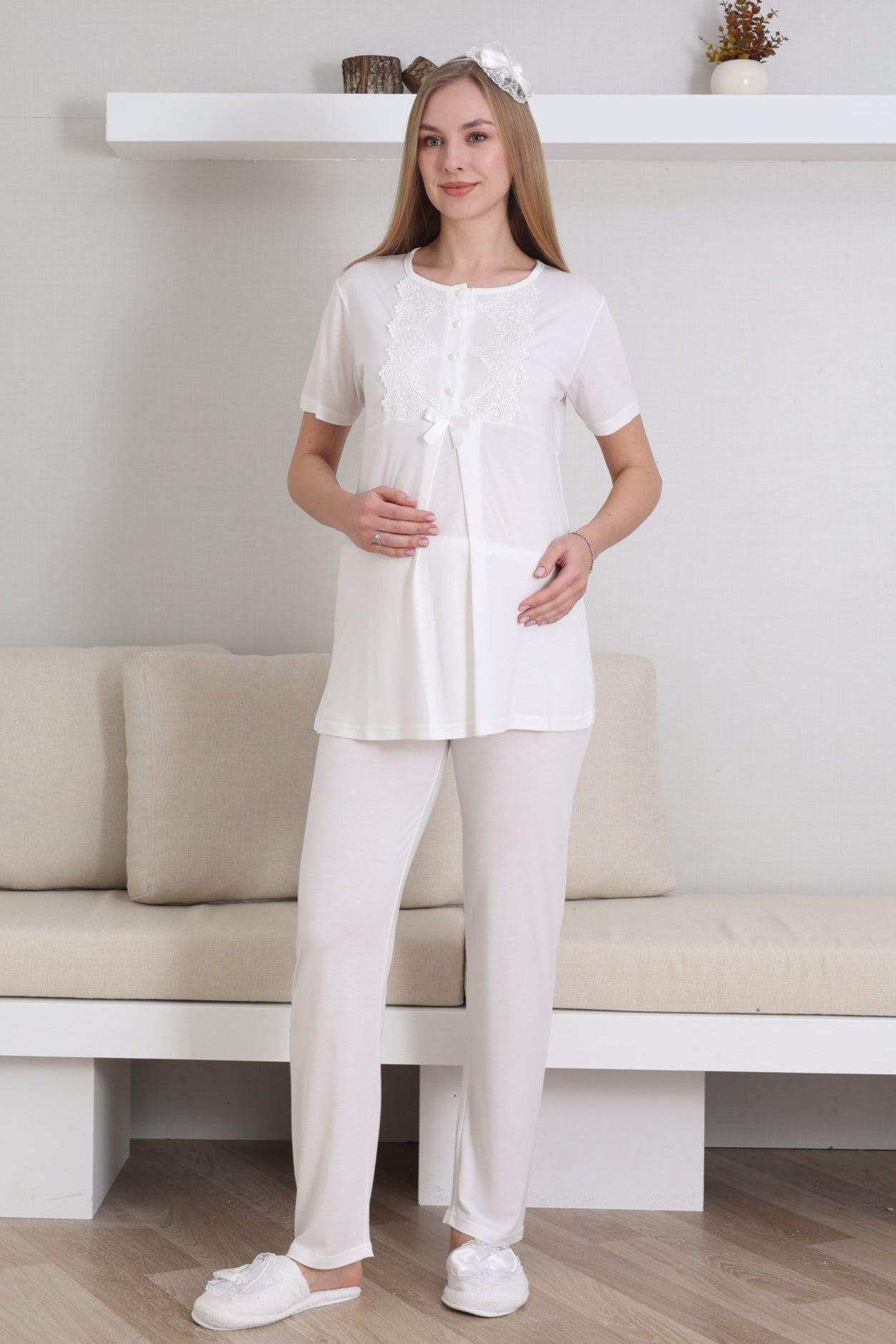 Guipure Collar 3-Piece Maternity-Nursing Pajama & Robe Set Ecru - 3433