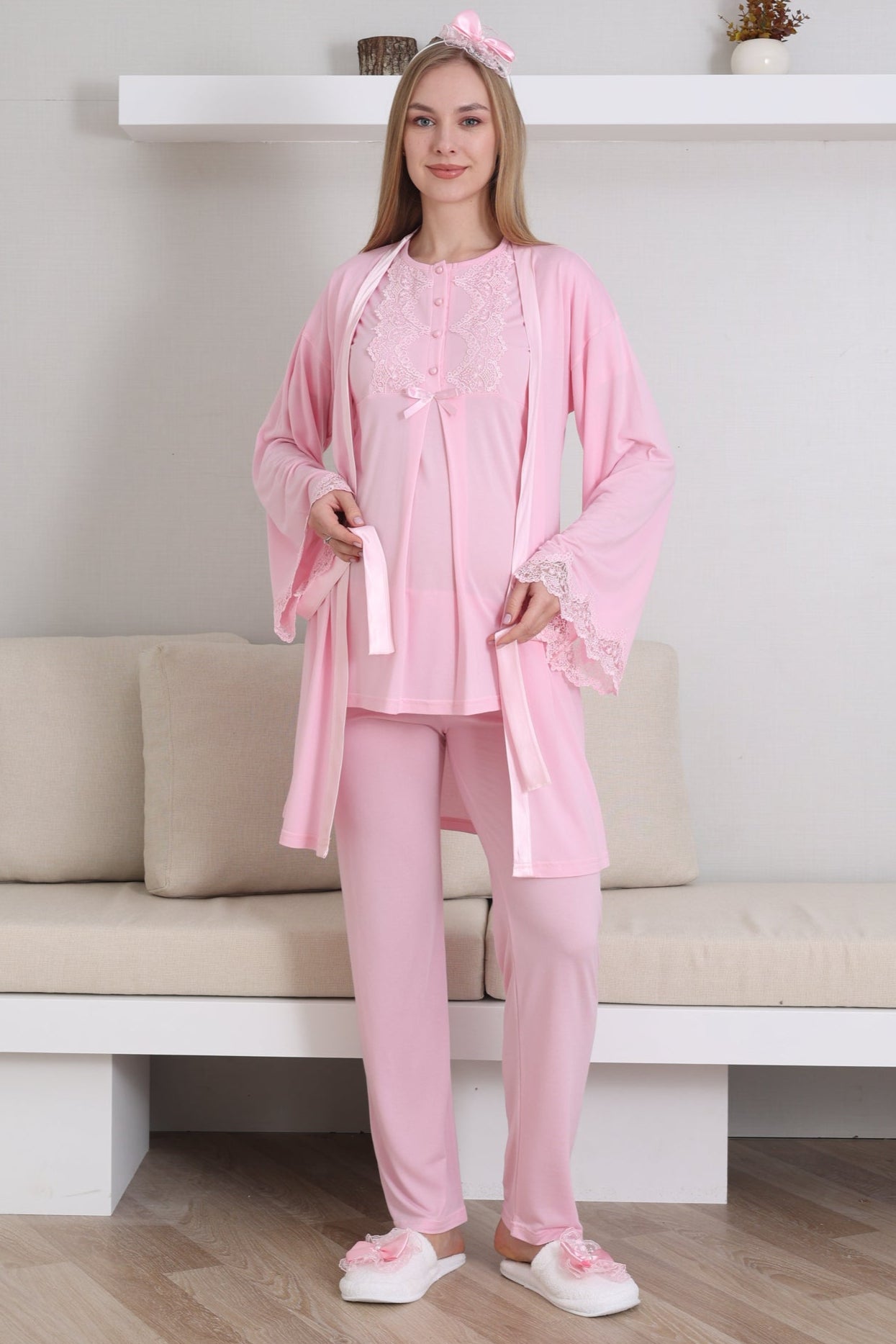 Guipure Collar 3-Piece Maternity-Nursing Pajama & Robe Set Pink - 3433
