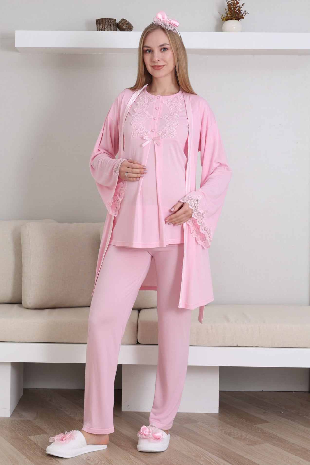 Guipure Collar 3-Piece Maternity-Nursing Pajama & Robe Set Pink - 3433