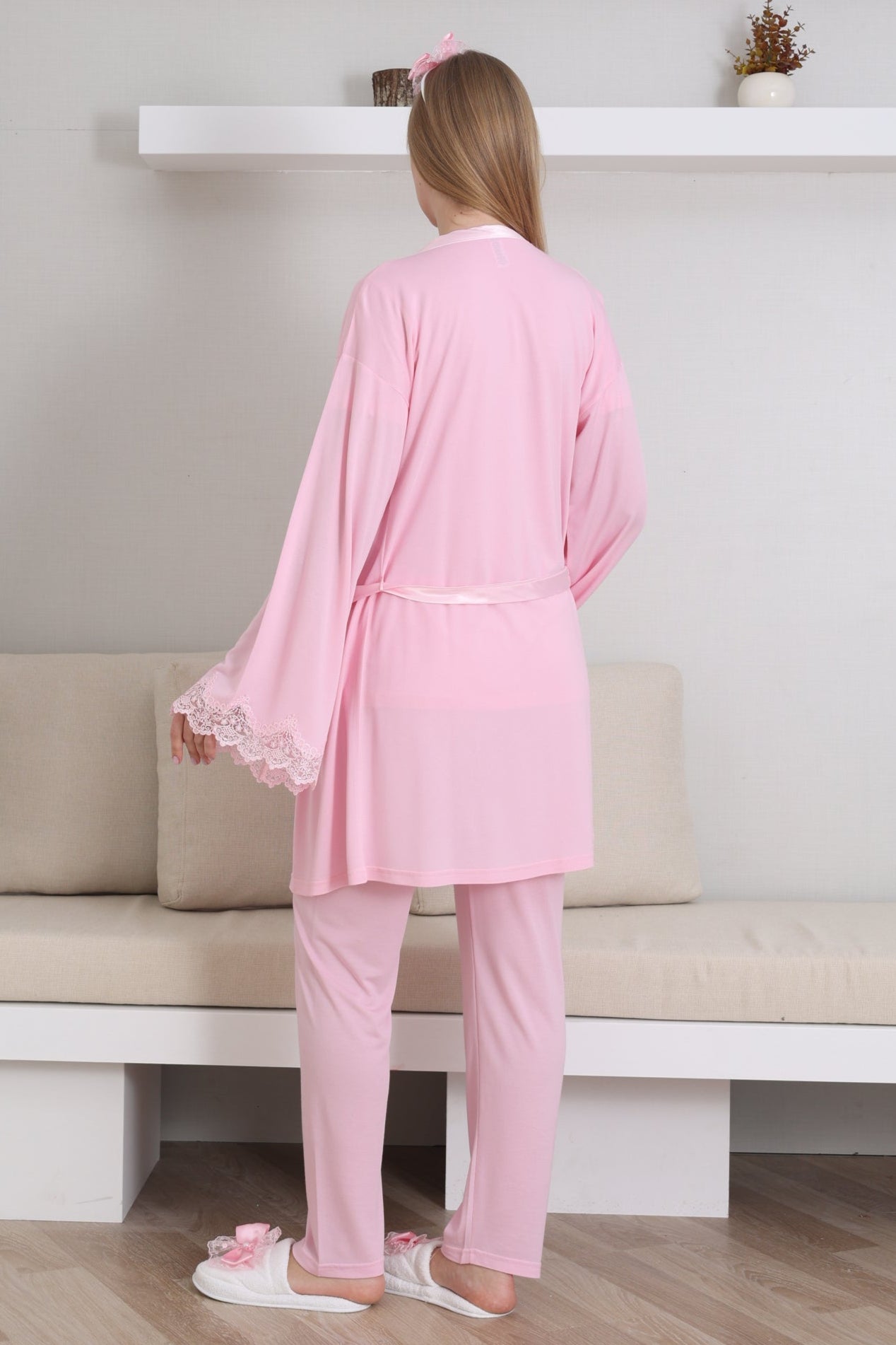 Guipure Collar 3-Piece Maternity-Nursing Pajama & Robe Set Pink - 3433