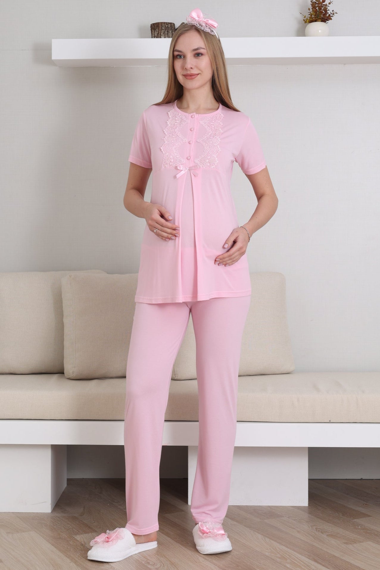 Guipure Collar 3-Piece Maternity-Nursing Pajama & Robe Set Pink - 3433