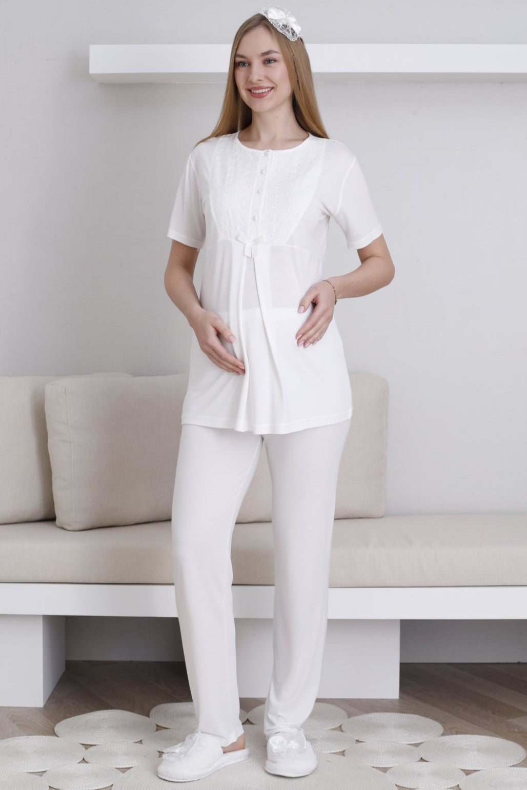 Embroidered 3-Piece Maternity-Nursing Pajama & Robe Set Ecru - 3438