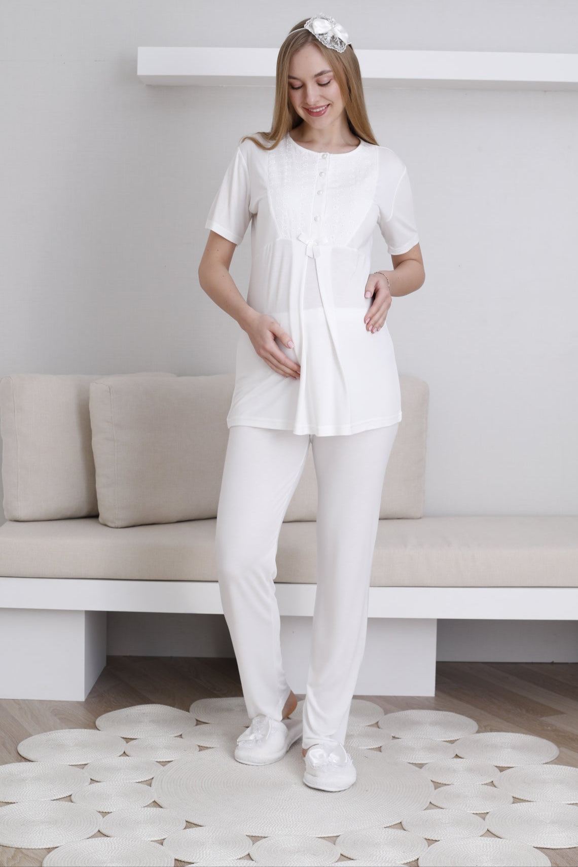 Embroidered 3-Piece Maternity-Nursing Pajama & Robe Set Ecru - 3438