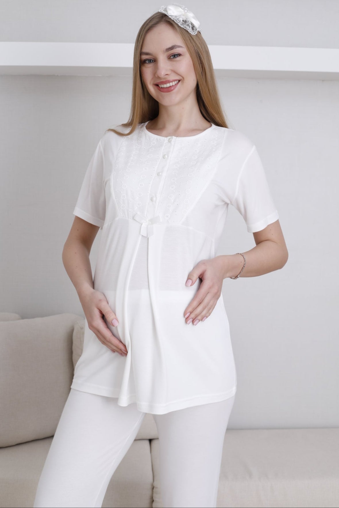 Embroidered 3-Piece Maternity-Nursing Pajama & Robe Set Ecru - 3438